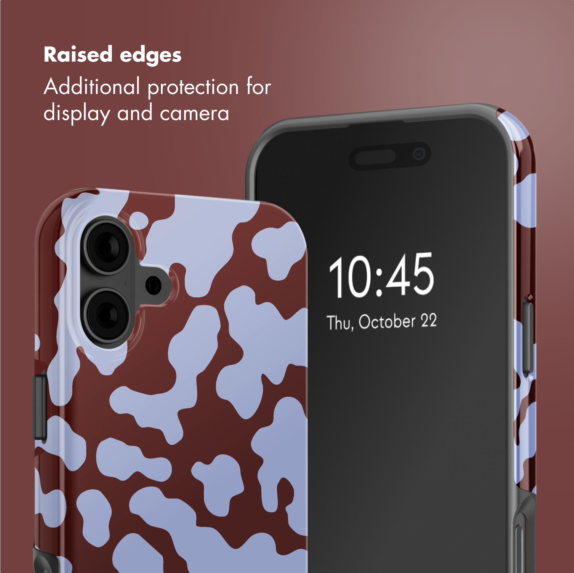 Smartphone in una custodia protettiva con motivo marrone e blu su sfondo marrone con testo.