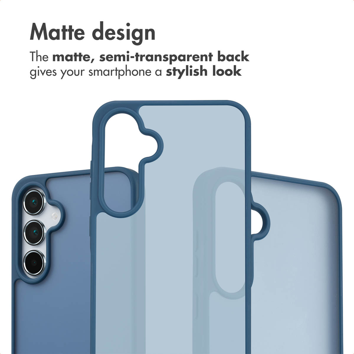 Fundas para smartphones azules con diseño mate y semitransparente sobre fondo blanco.