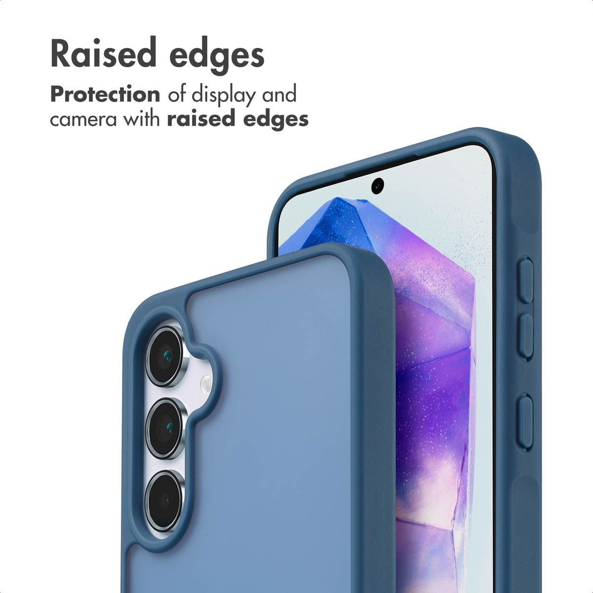 Funda azul para smartphone que destaca bordes elevados para proteger pantalla y cámara.
