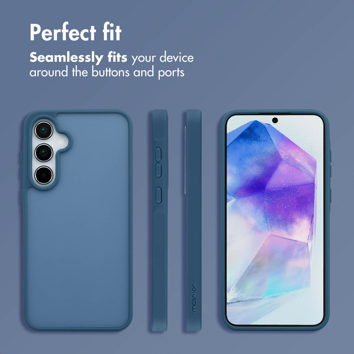 Fundas para smartphone azules desde varios ángulos con texto 'Perfect fit'.