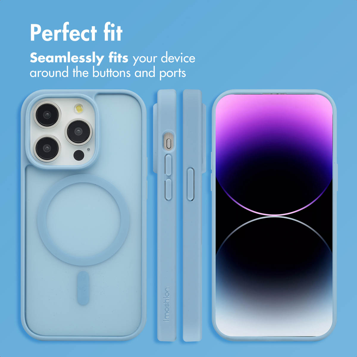 Custodia per telefono blu con ritagli per pulsanti, fotocamere e porte, mostrata in più viste.