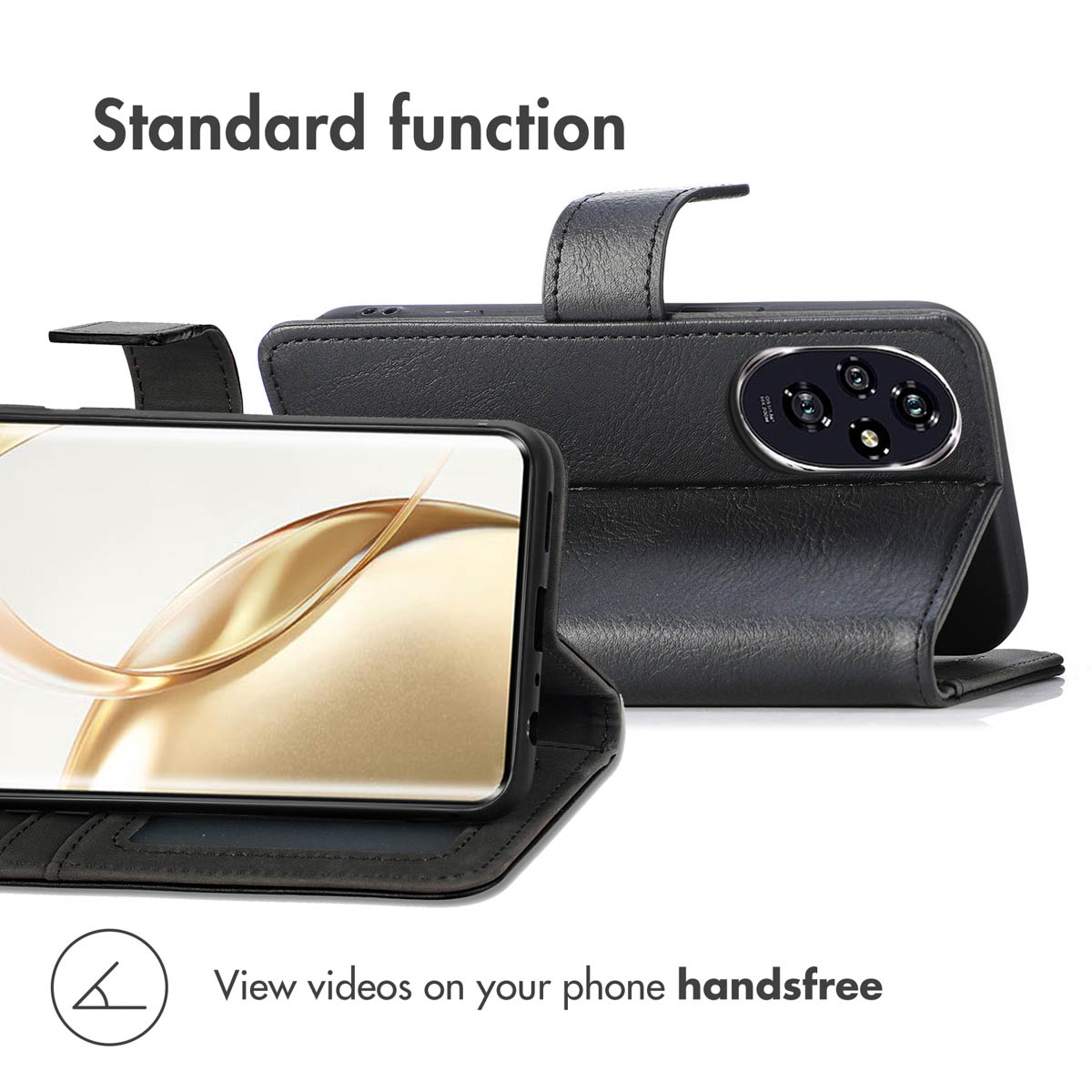 Una funda de piel negra para smartphone con función atril, que muestra la pantalla y la cámara.