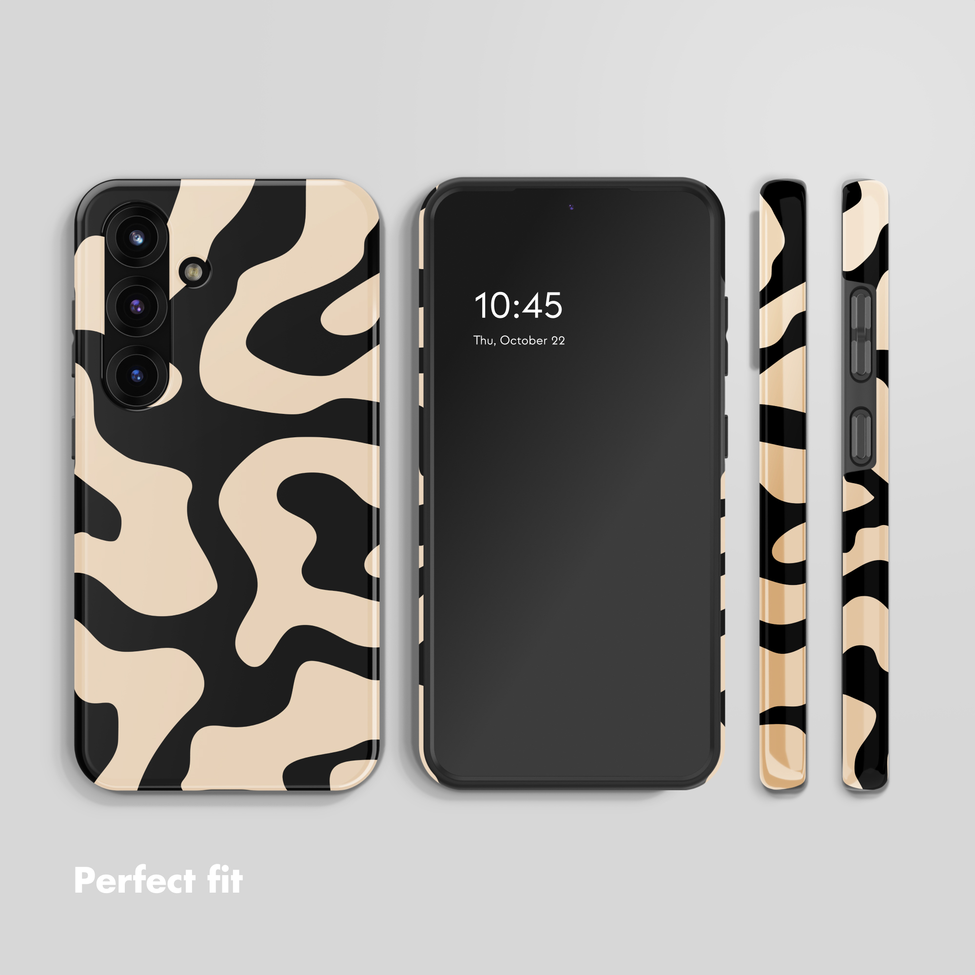 Smartphone en varias vistas con estampado de vaca beige y negro y texto Perfect fit.
