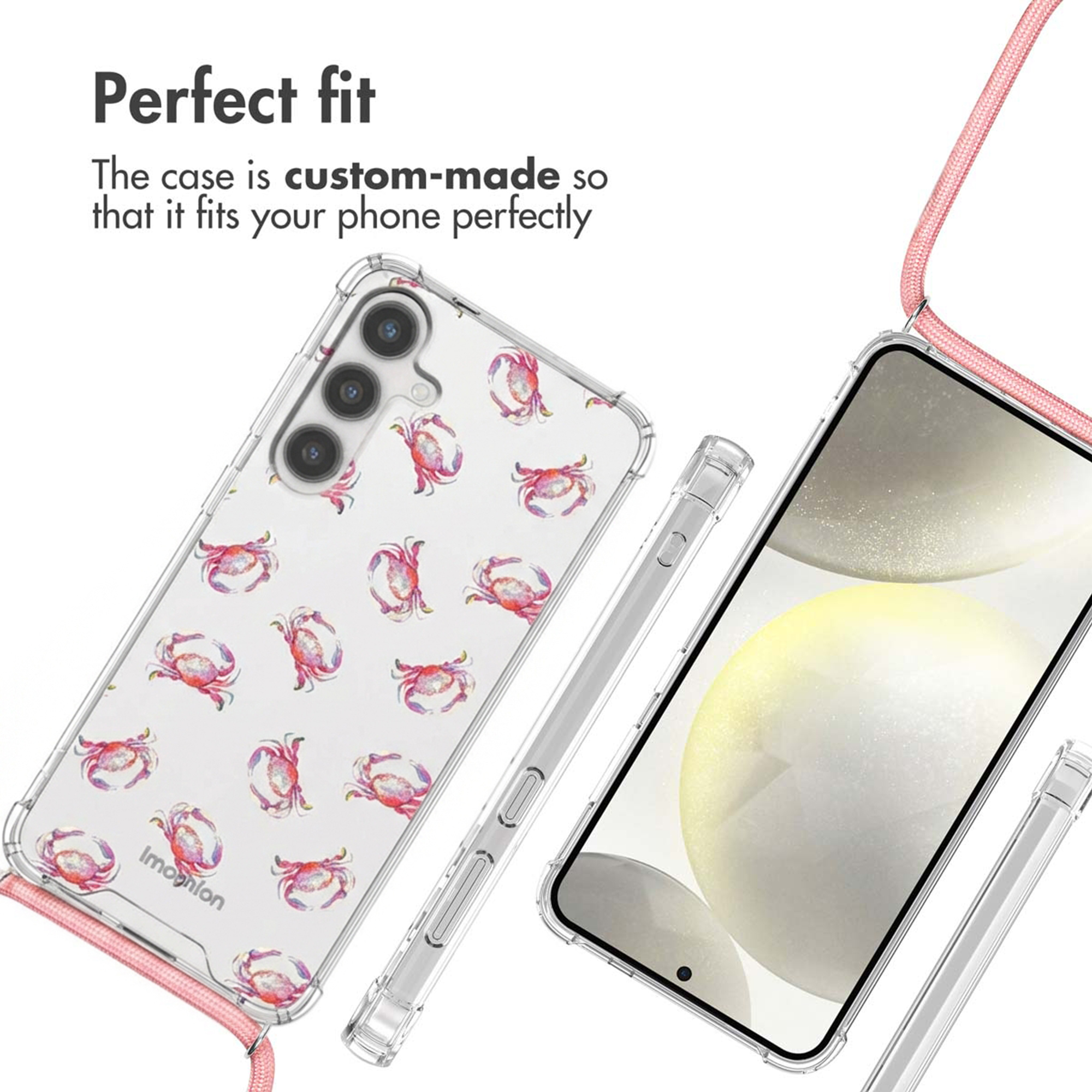 Coque transparente avec motif de crabes et lanière rose, conçue sur mesure pour smartphones.