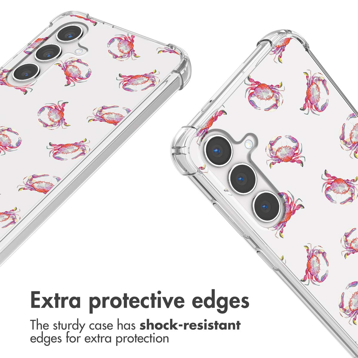 Coque de téléphone transparente avec des crabes rouges et des bords protecteurs.