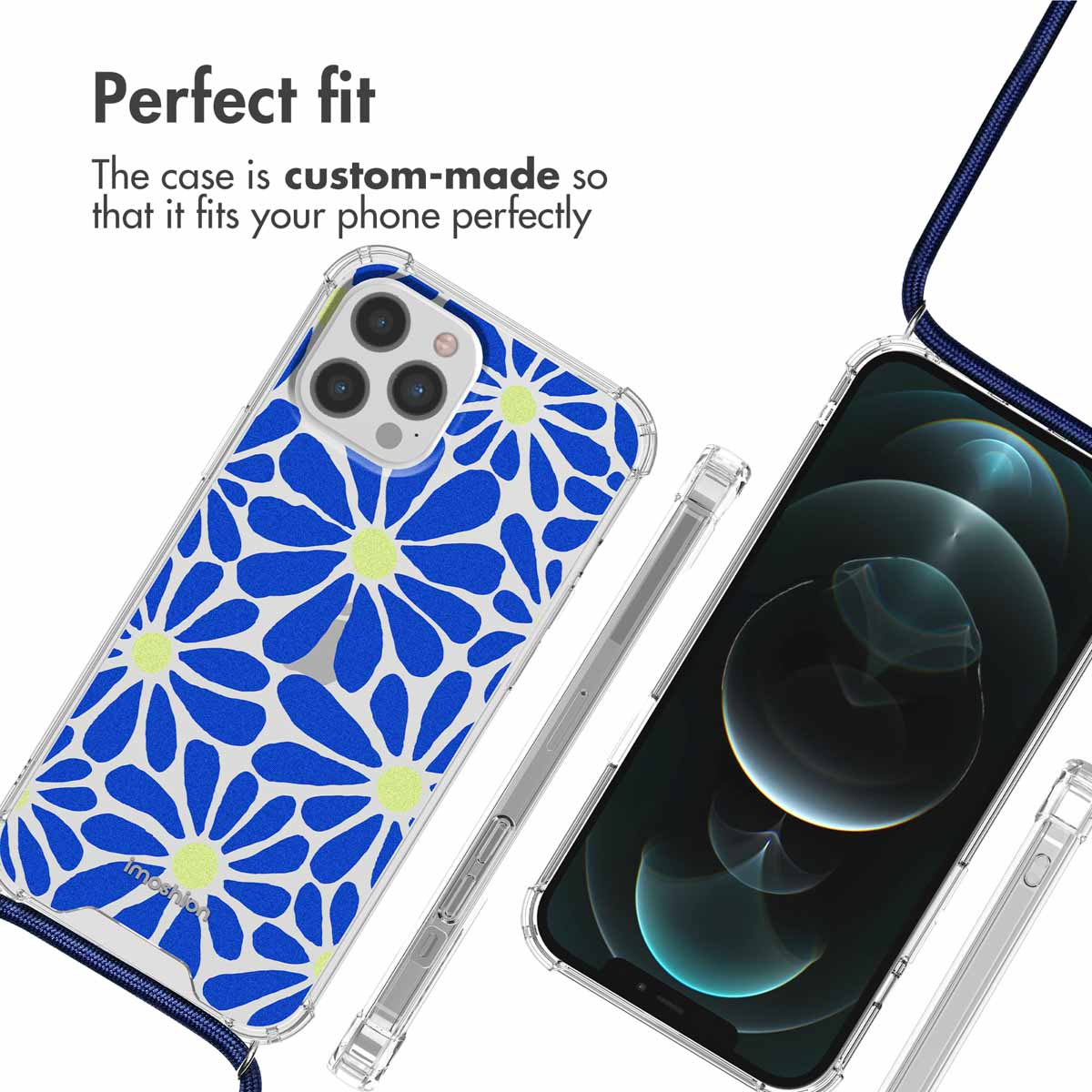 Eine transparente Handyhülle mit blauem Gänseblümchenmuster und Band neben einem Smartphone.