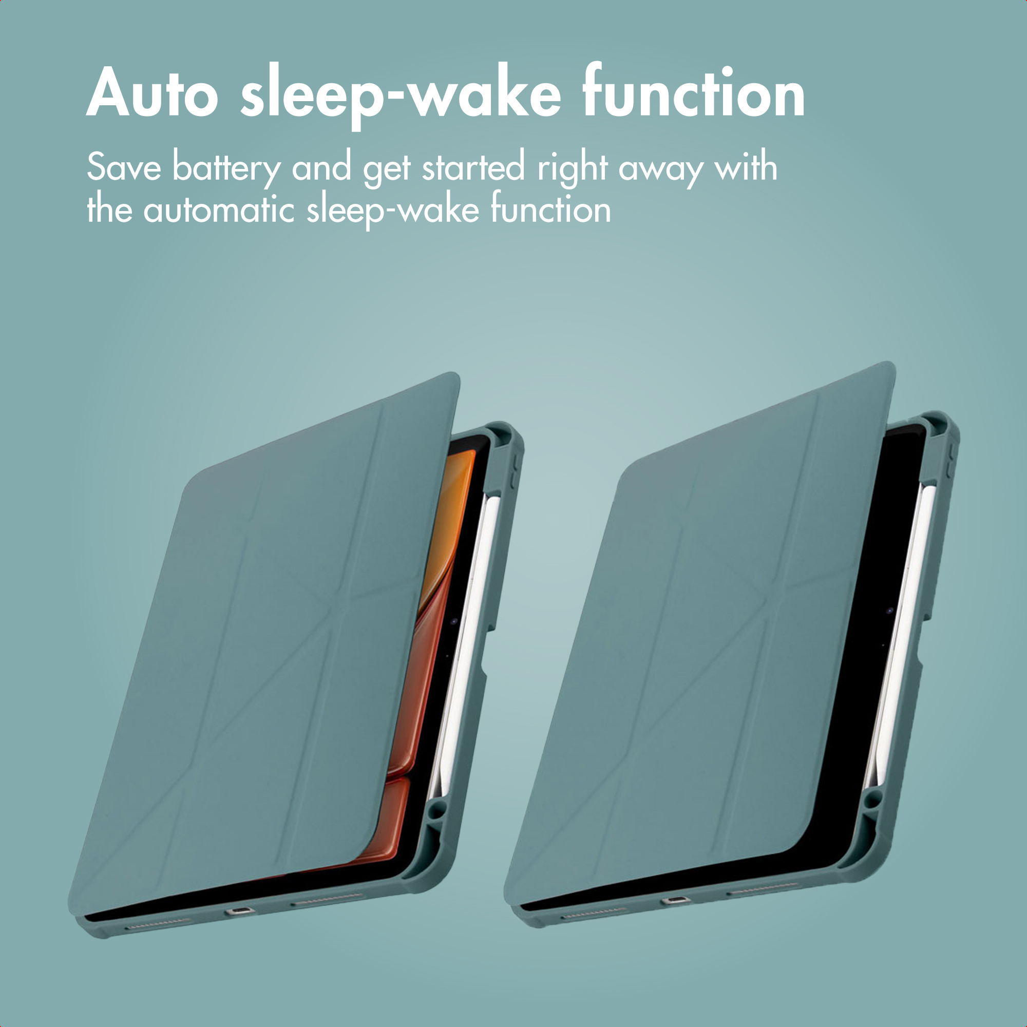 Two grey-green tablet cases showing the auto sleep-wake function against a teal blue background.