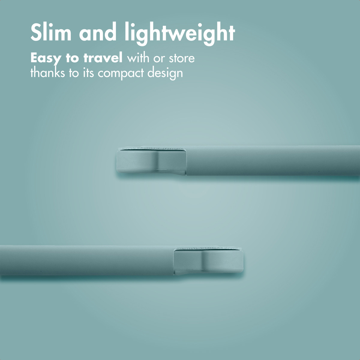 Slim and lightweight product on a turquoise background with text.