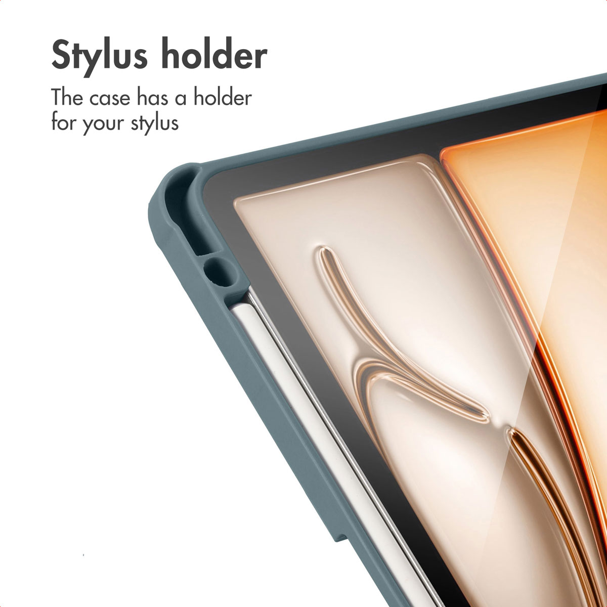 Close-up of a tablet case with a built-in stylus holder near the top-left edge.