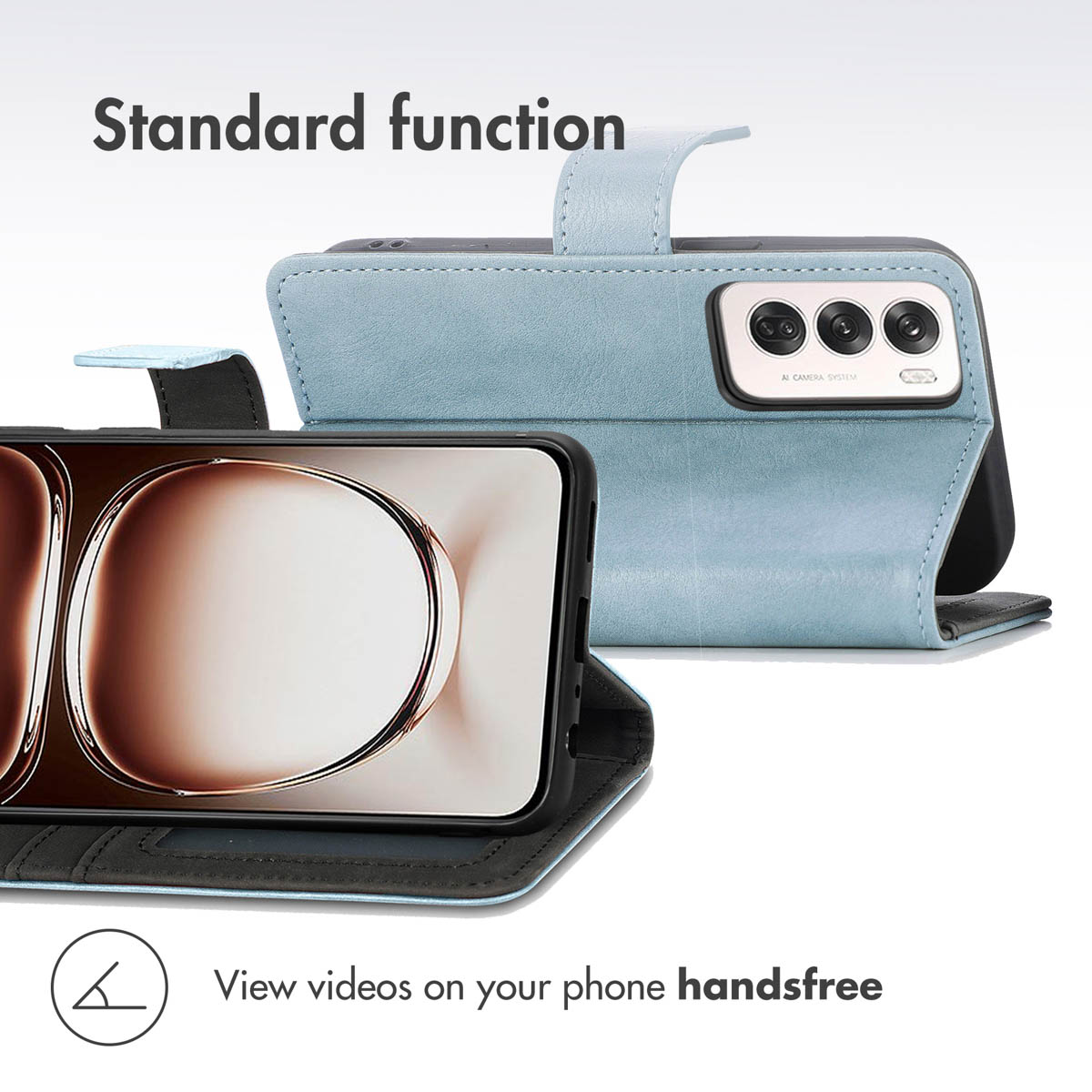 Custodia per telefono in pelle blu con funzione supporto per video.
