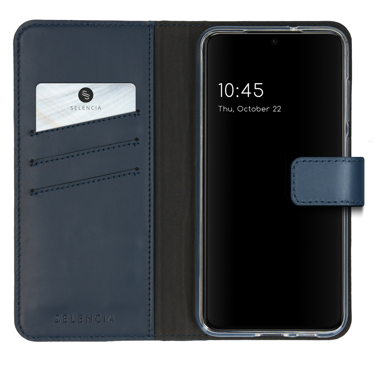 Étui de téléphone en cuir bleu avec fentes pour cartes et smartphone.