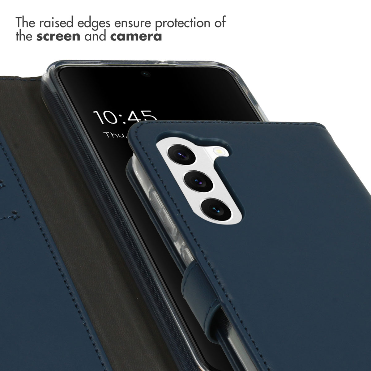 Étui de téléphone bleu avec bords surélevés pour protéger l'écran et l'appareil photo.