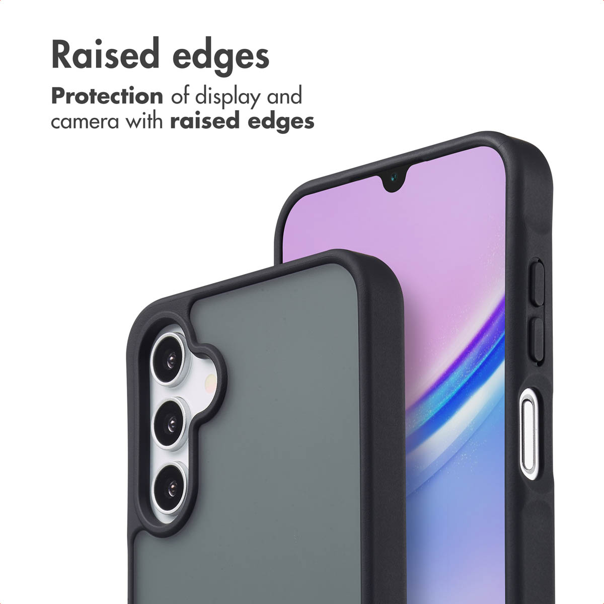 Bordes elevados de una funda protectora negra que rodean la cámara y la pantalla de un teléfono.