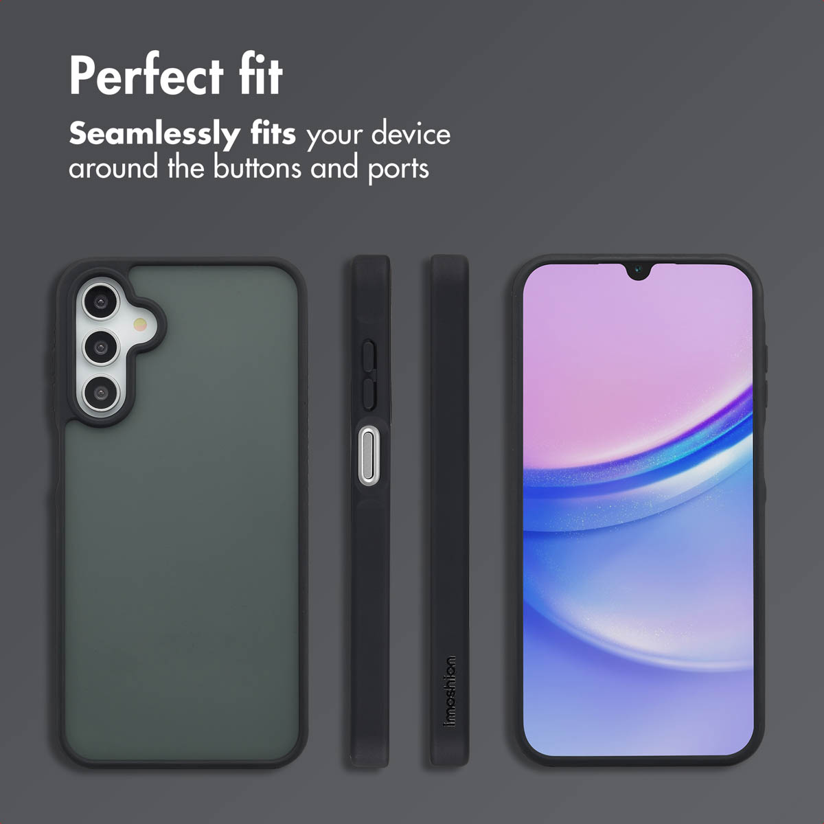 Funda de teléfono en múltiples vistas, mostrando un ajuste perfecto alrededor de botones y puertos.