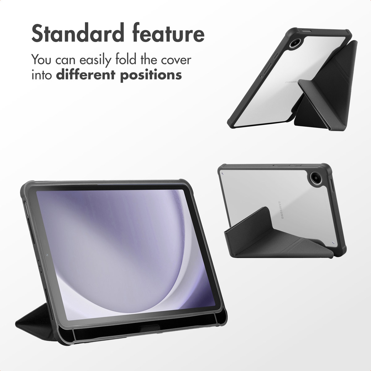 Une tablette dans un étui de protection noir pliable en différentes positions de support.