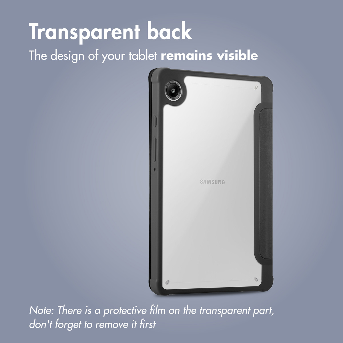 Une tablette dans une coque de protection avec dos transparent et cadre noir sur fond gris.