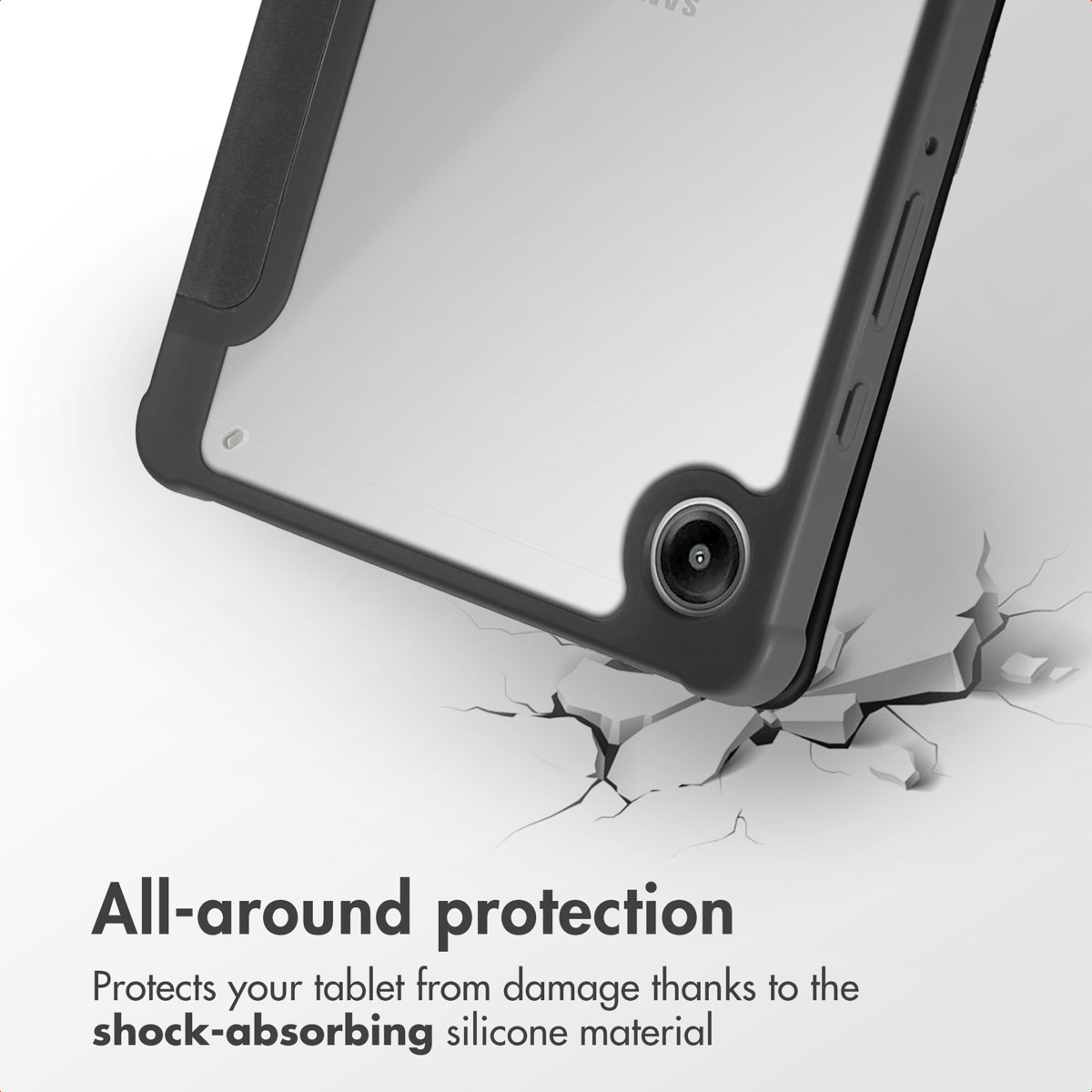 Tablette en étui protecteur résistant à un choc sur sol craquelé.