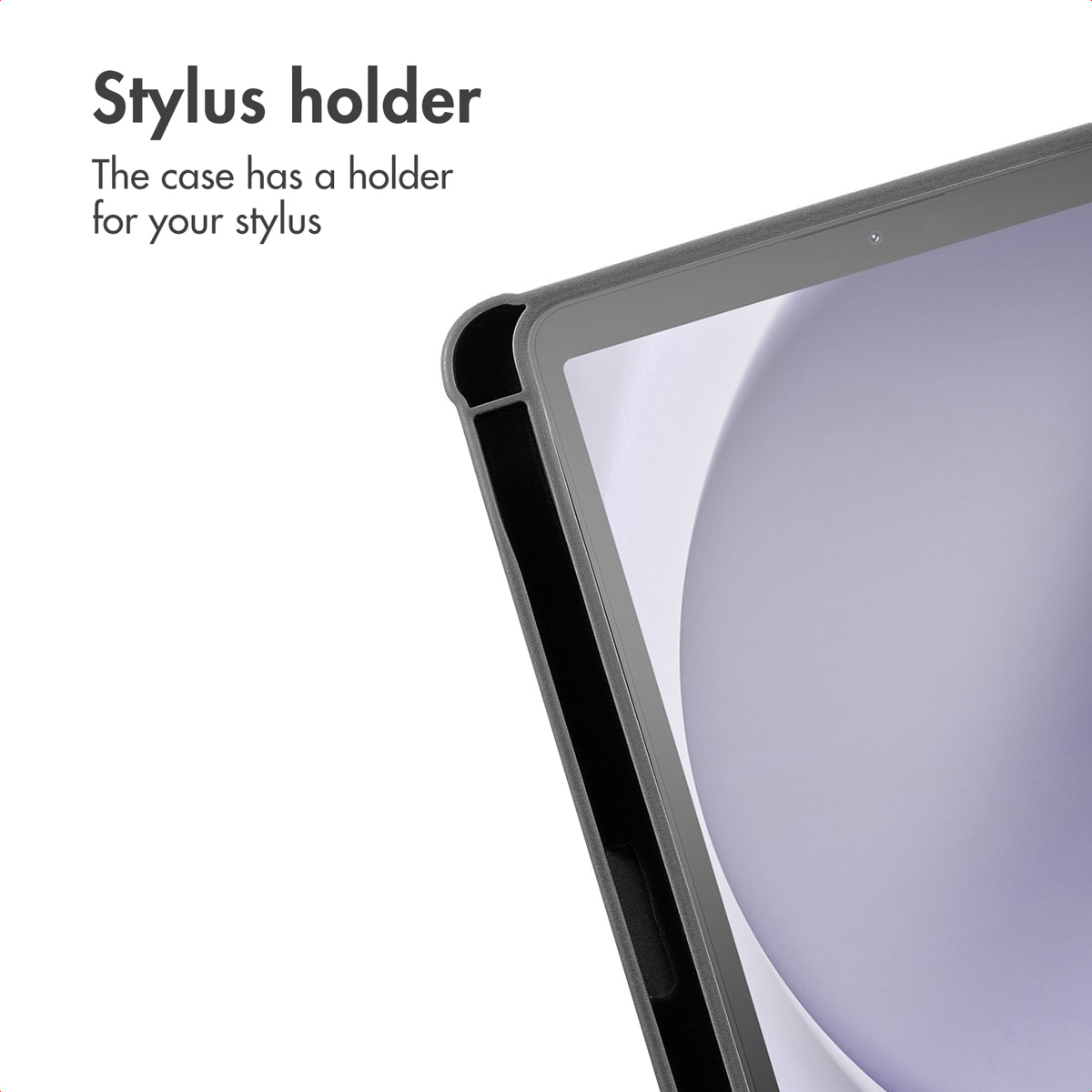 Un étui de tablette gris avec porte-stylet intégré sur le bord.