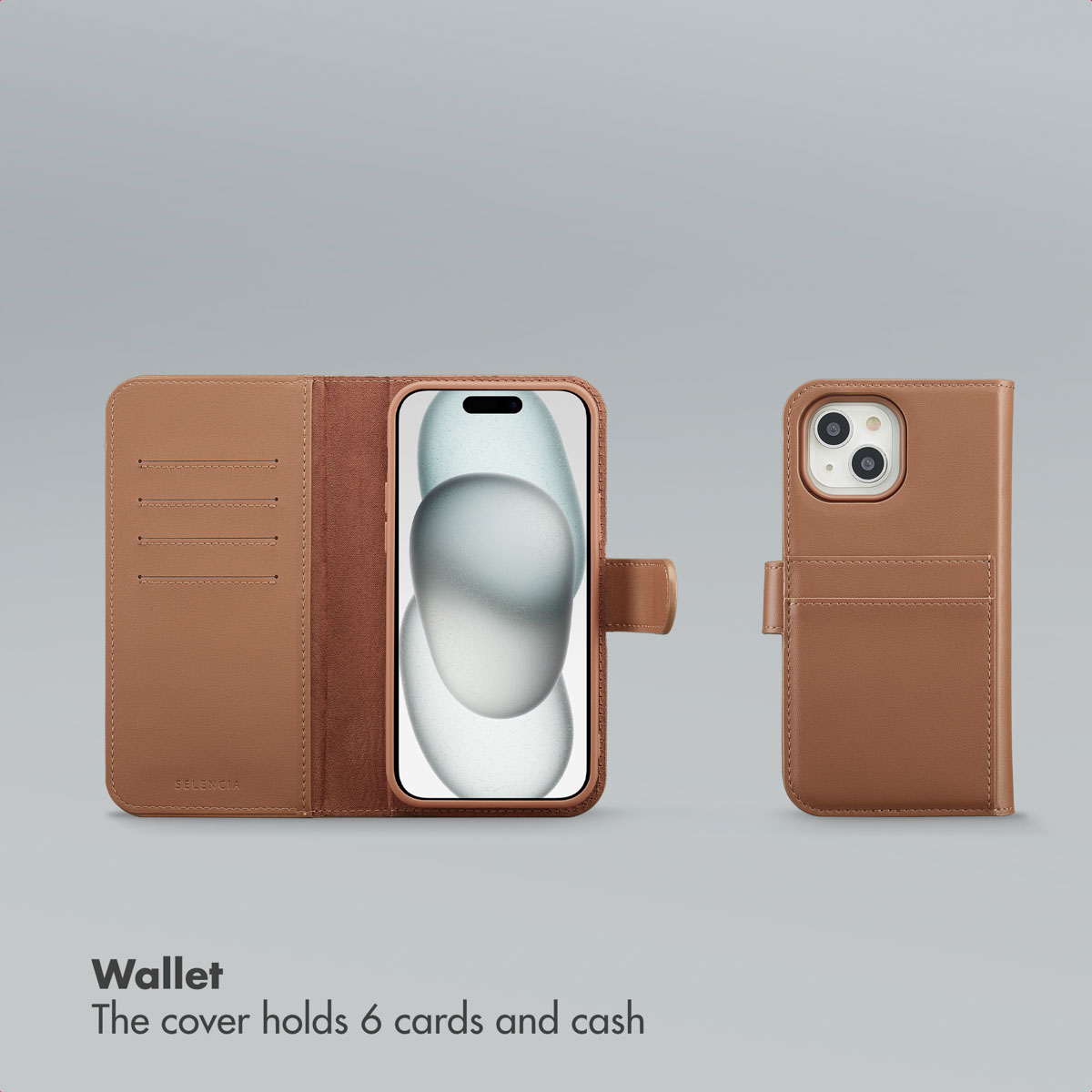 Custodia a portafoglio in pelle marrone con tasche per carte e telefono all'interno, vista chiusa a fianco.