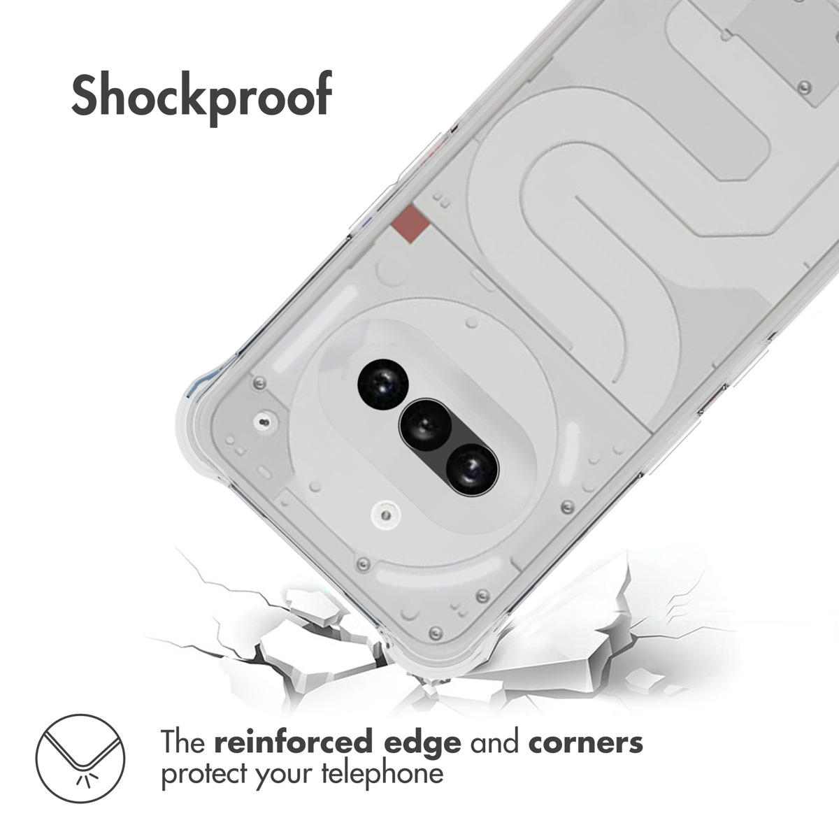 Funda transparente con esquinas reforzadas y tres cámaras, anunciada a prueba de golpes.