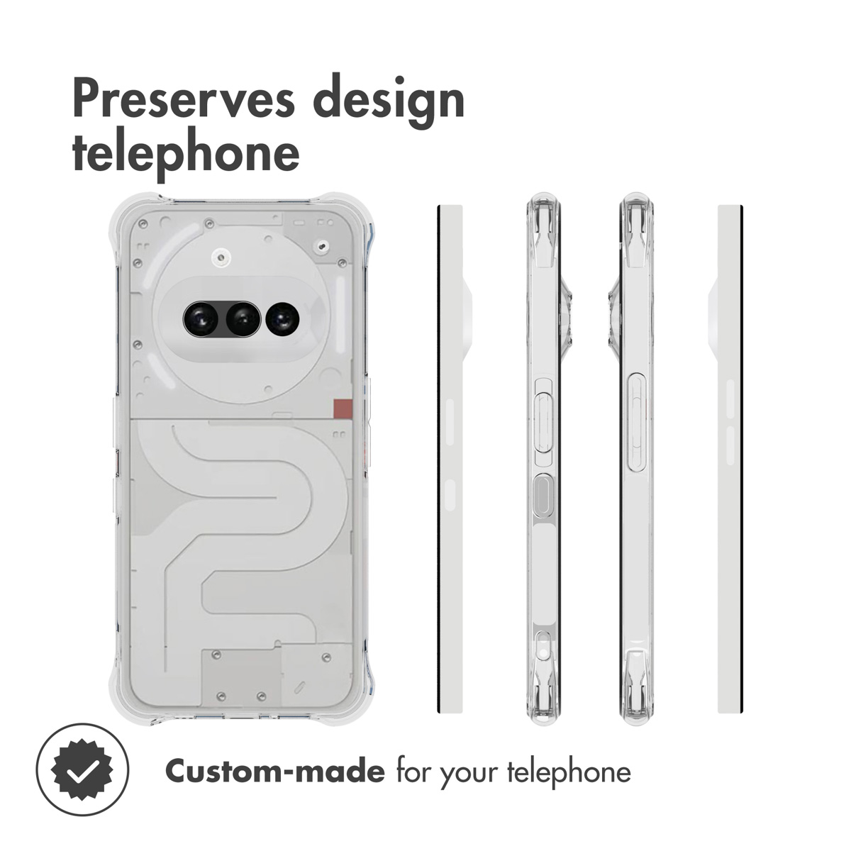 Vistas de funda transparente que muestran perfil trasero y lateral con recortes precisos.
