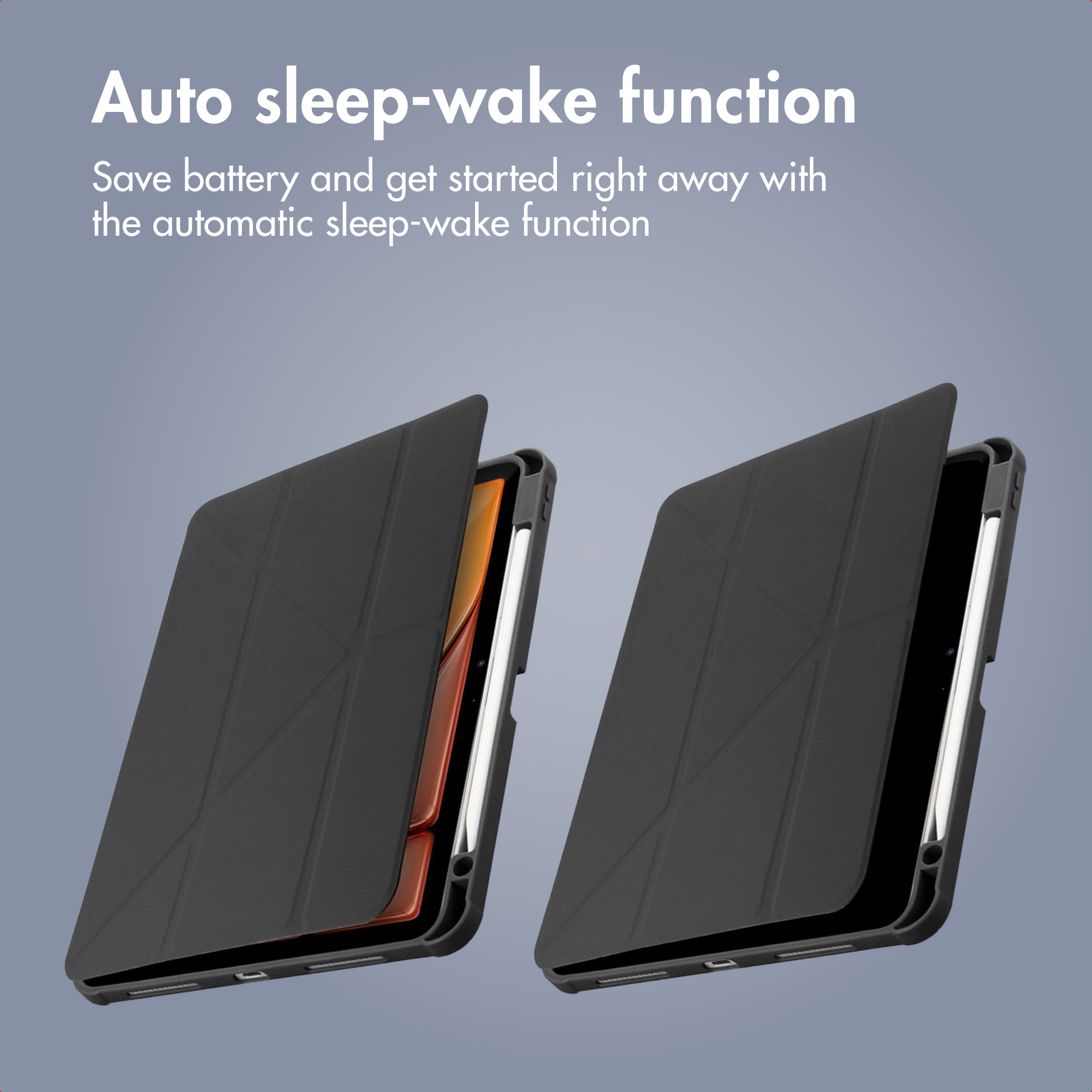 Twee zwarte tablethoezen met auto sleep-wake functie tegen een grijze achtergrond.