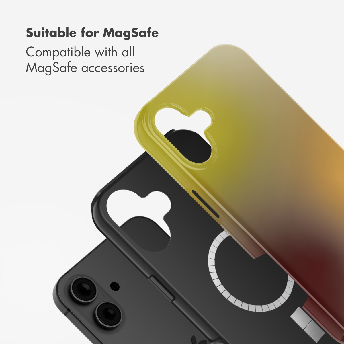 Custodia per telefono compatibile MagSafe in giallo e rosso, con anello di ricarica wireless.