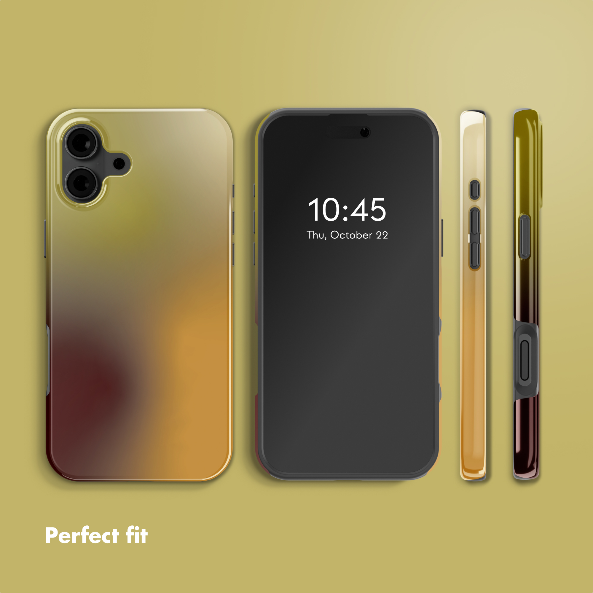 Quattro viste di uno smartphone in custodia sfumata giallo-marrone su sfondo giallo con testo Perfect fit.