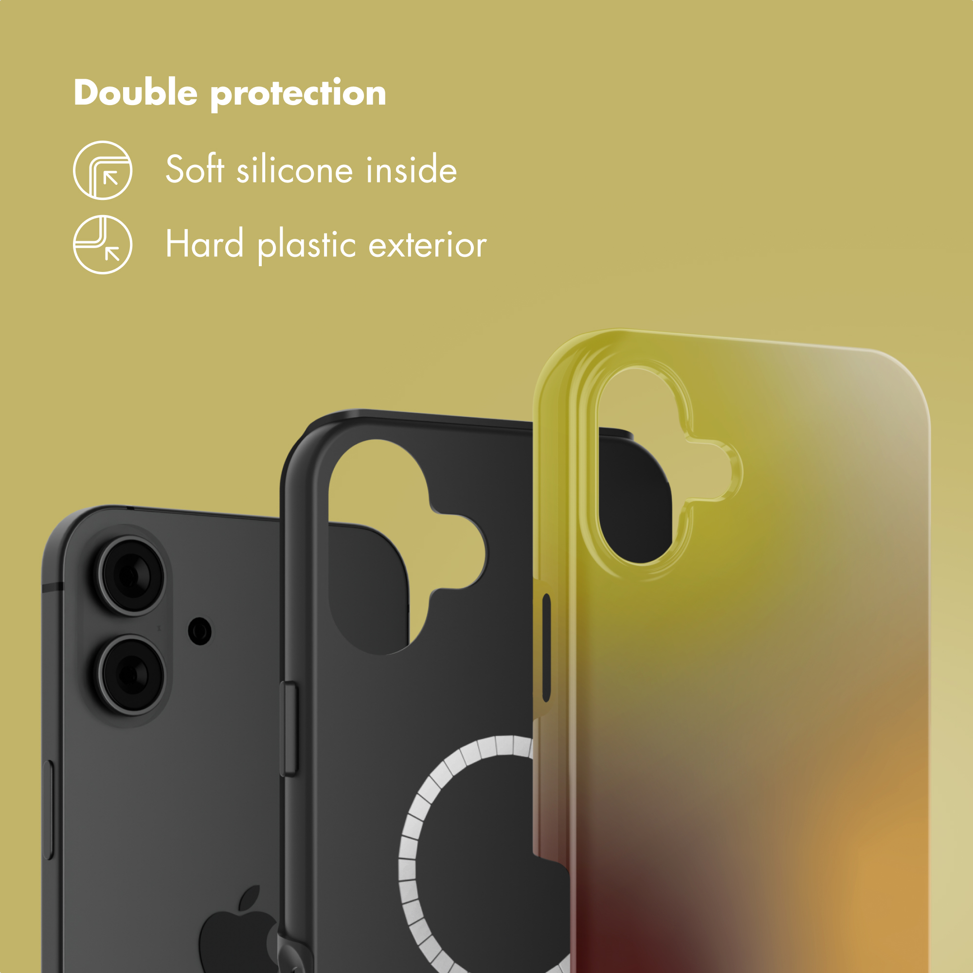 Un iPhone con custodia nera e guscio giallo-arancione, che evidenzia la doppia protezione con morbido silicone interno.