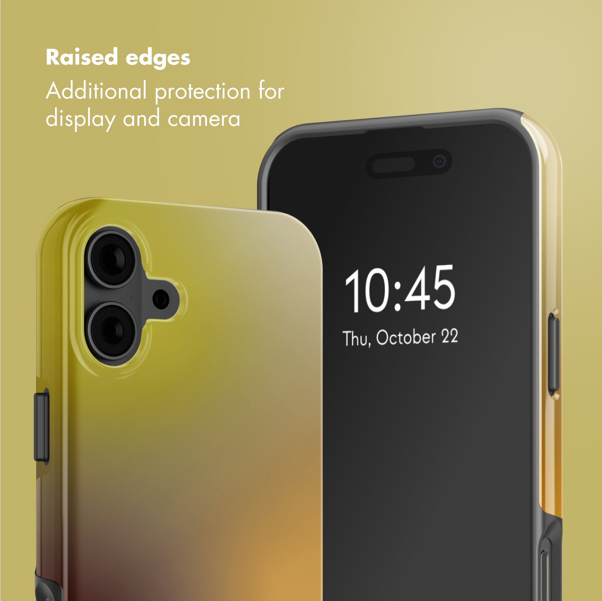 Due smartphone con sfumatura giallo-marrone, testo sui bordi rialzati.