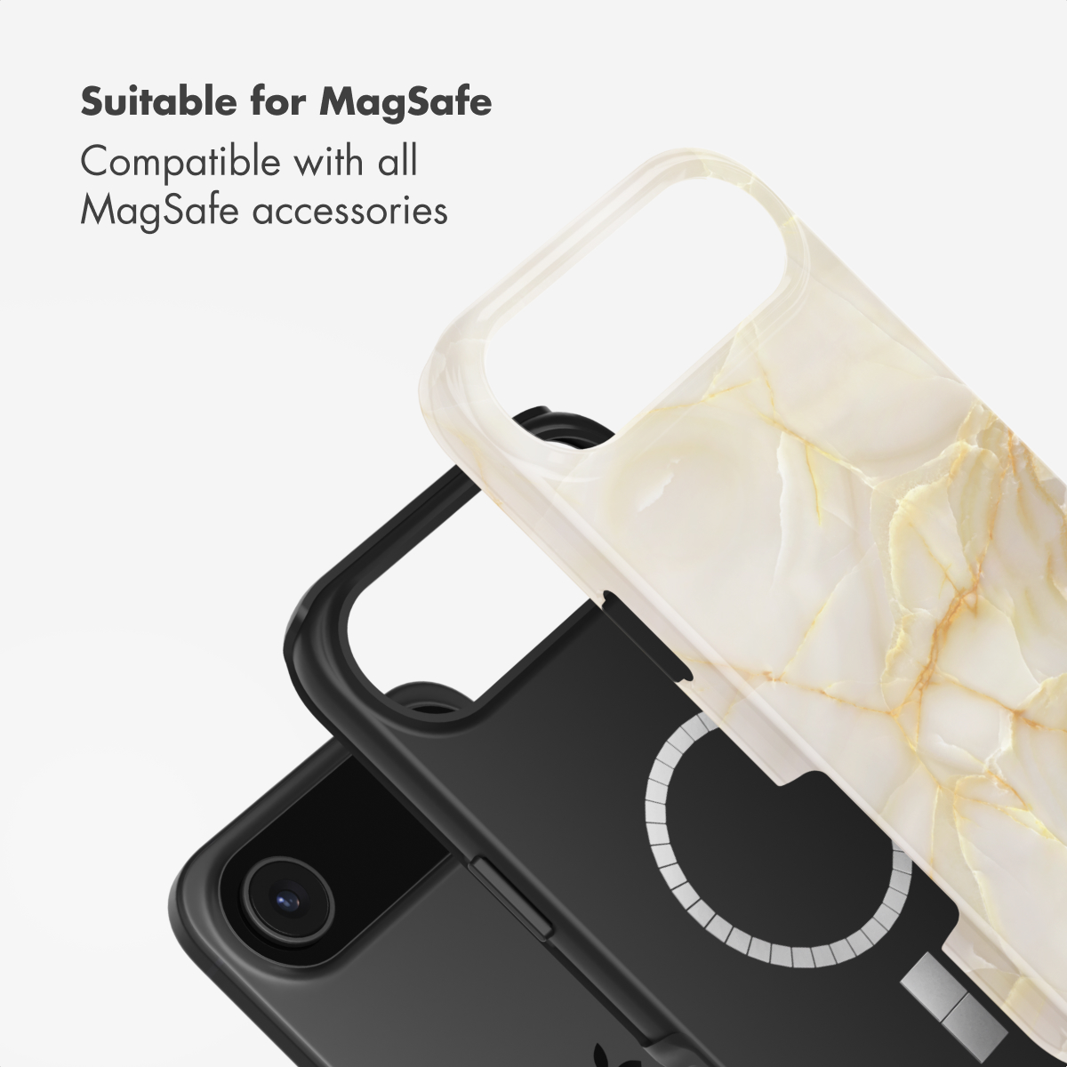 Due custodie per smartphone, una con motivo marmo e una nera MagSafe con anello magnetico.