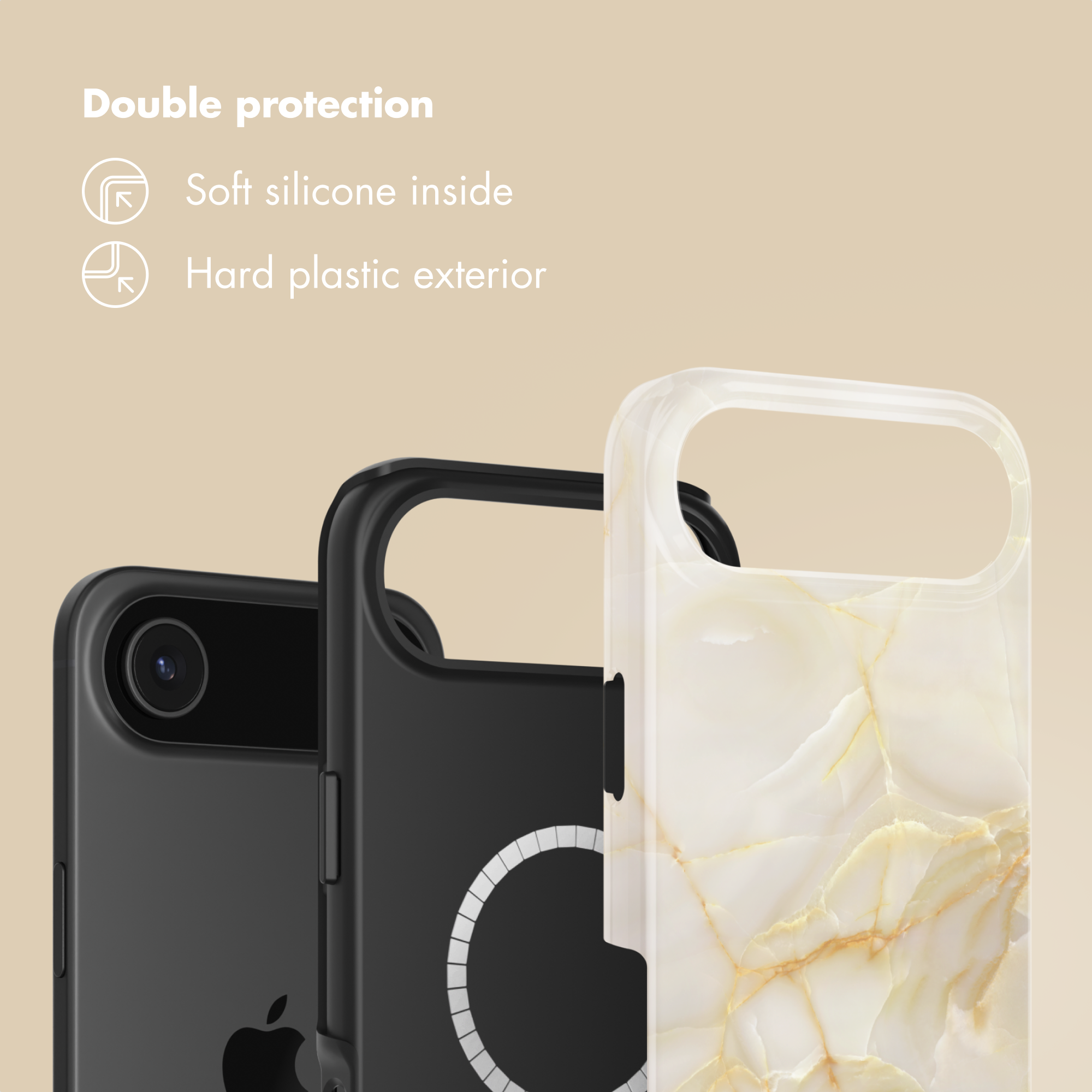 Custodia per telefono con doppia protezione, interno in silicone morbido ed esterno rigido.