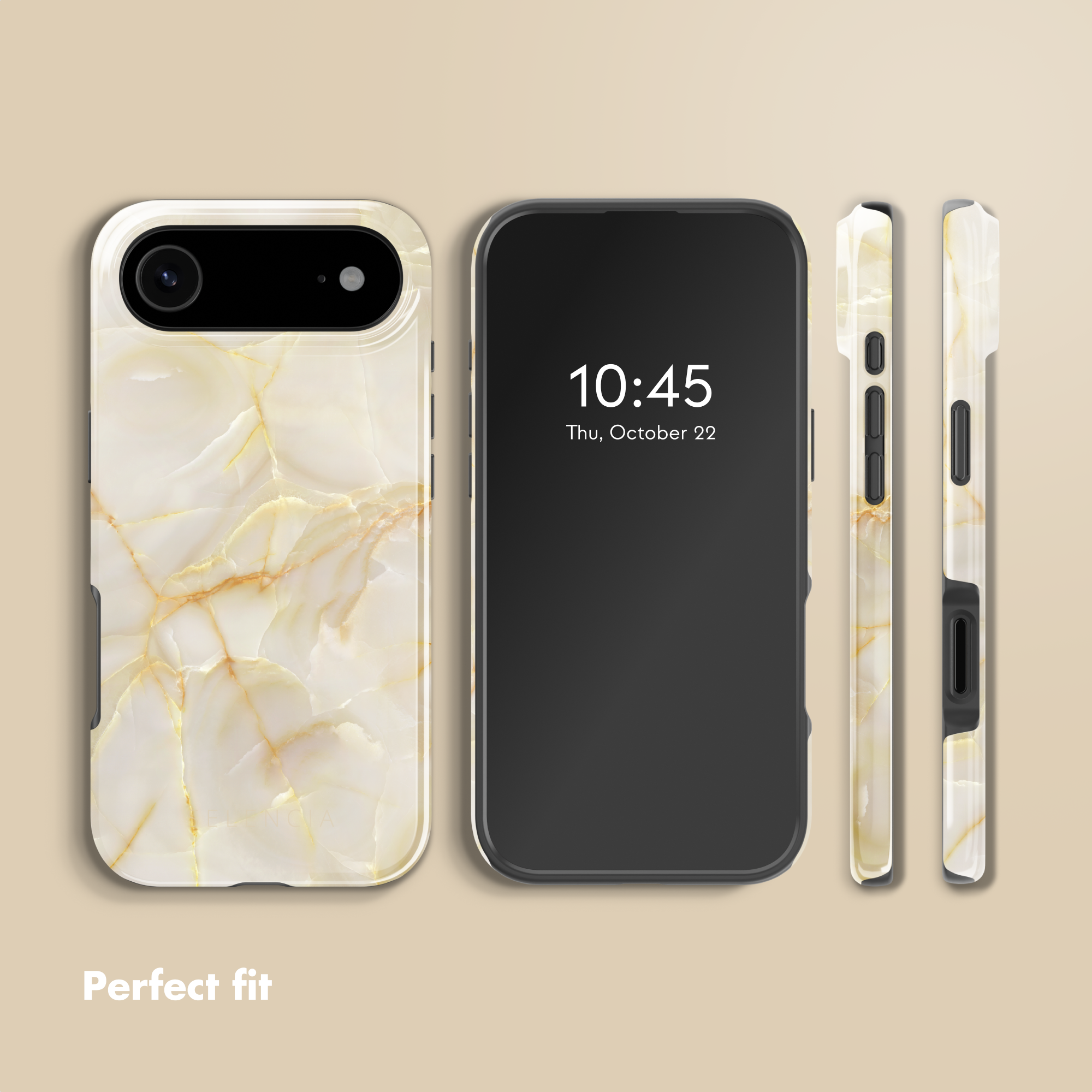 Varie viste di una custodia per smartphone con motivo in marmo bianco e oro e la scritta Perfect fit.