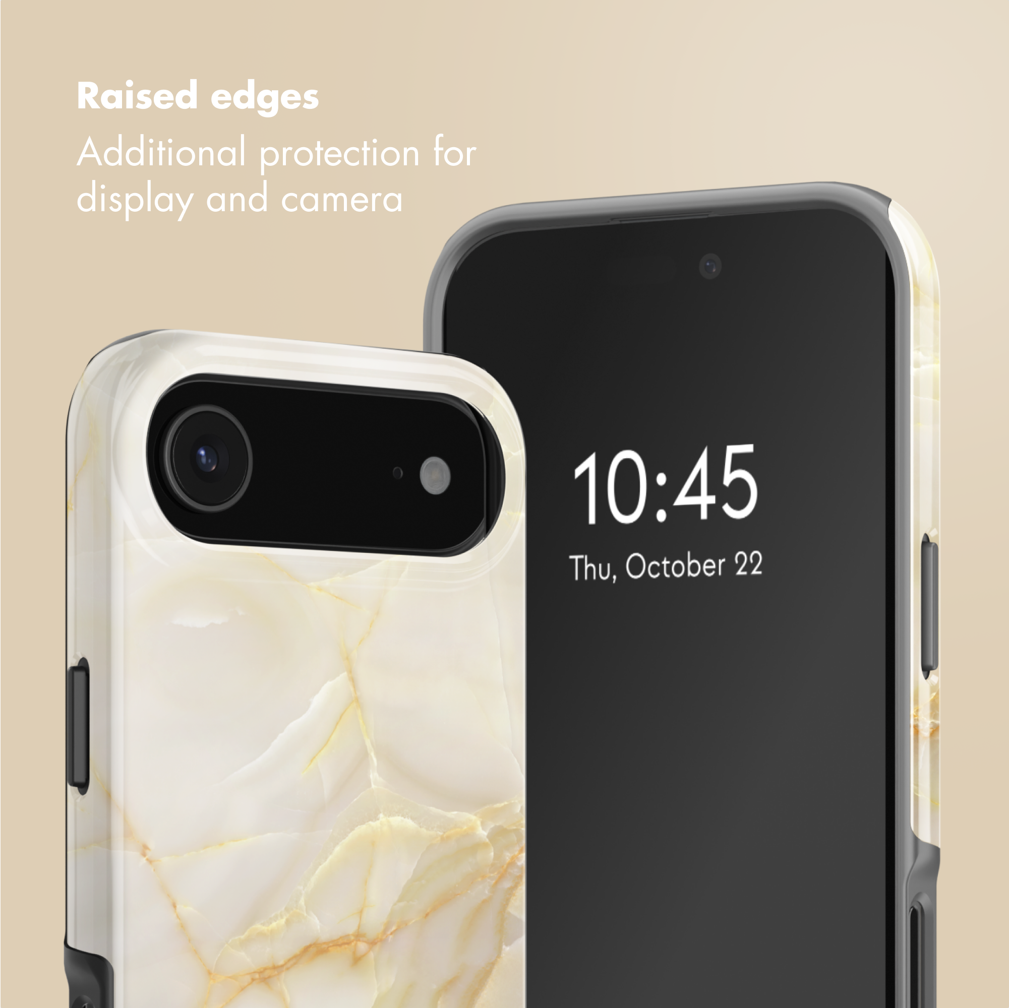 Due smartphone in cover di marmo su sfondo beige, con bordi rialzati per la protezione.