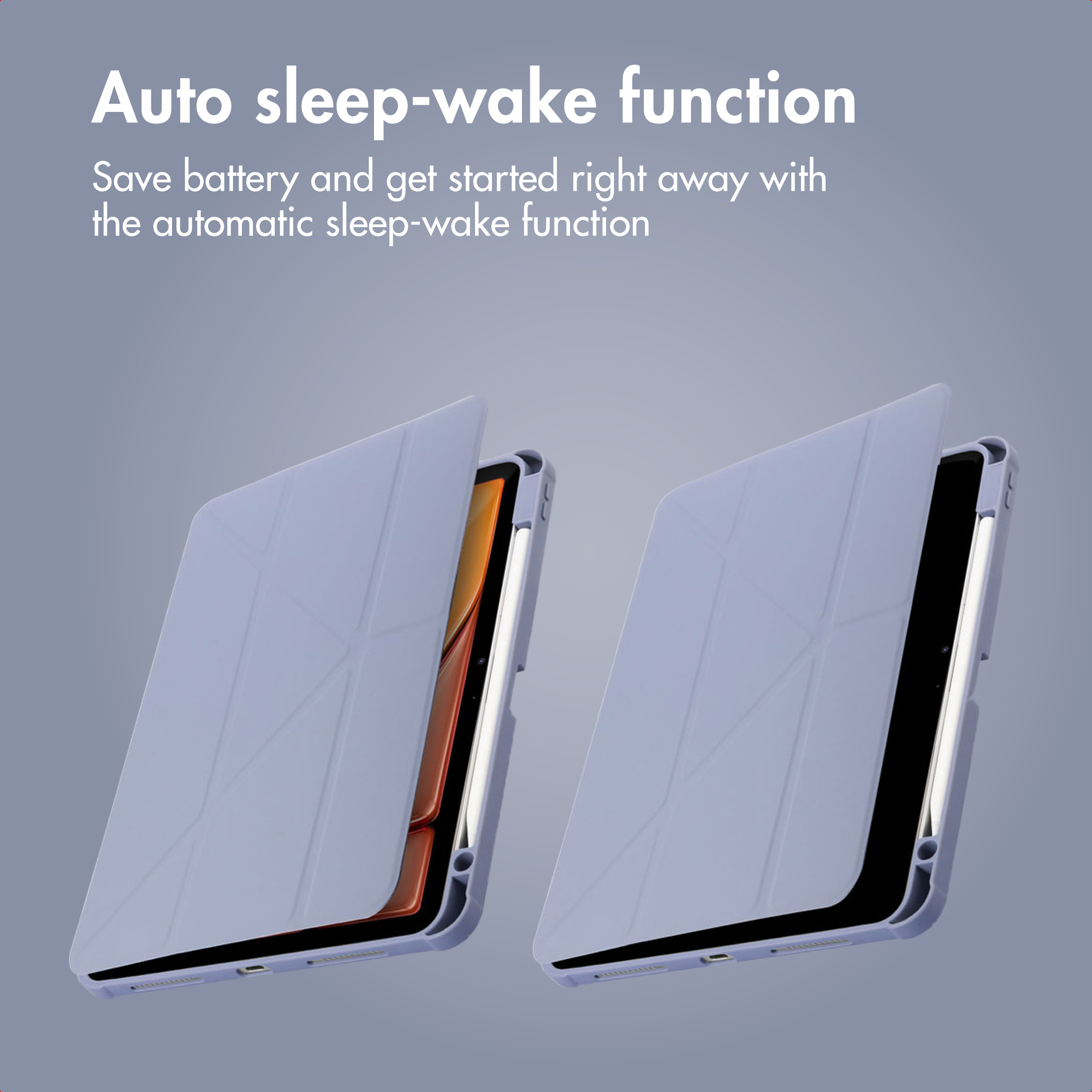 Two grey tablet cases showing the auto sleep-wake function against a grey background.