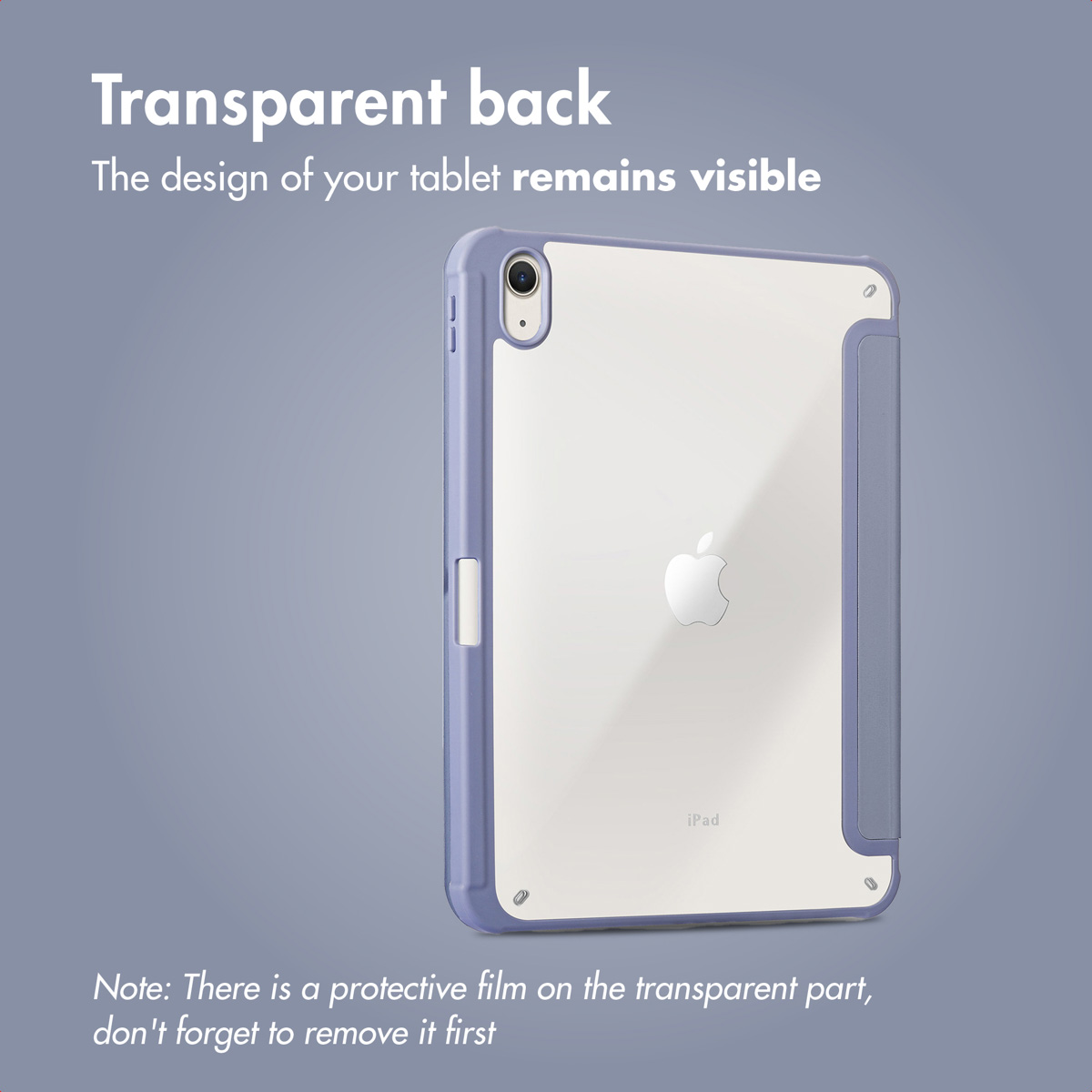 An iPad case with a transparent back and purple border against a grey background.