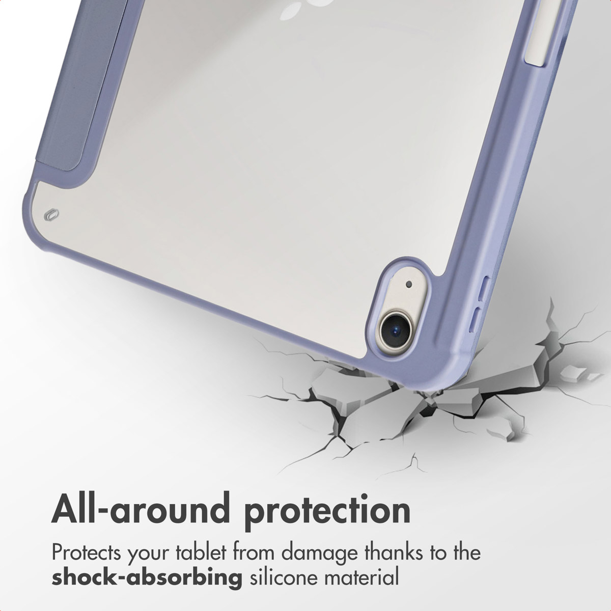A tablet in a blue protective case rests above a cracked surface, illustrating shock absorption.