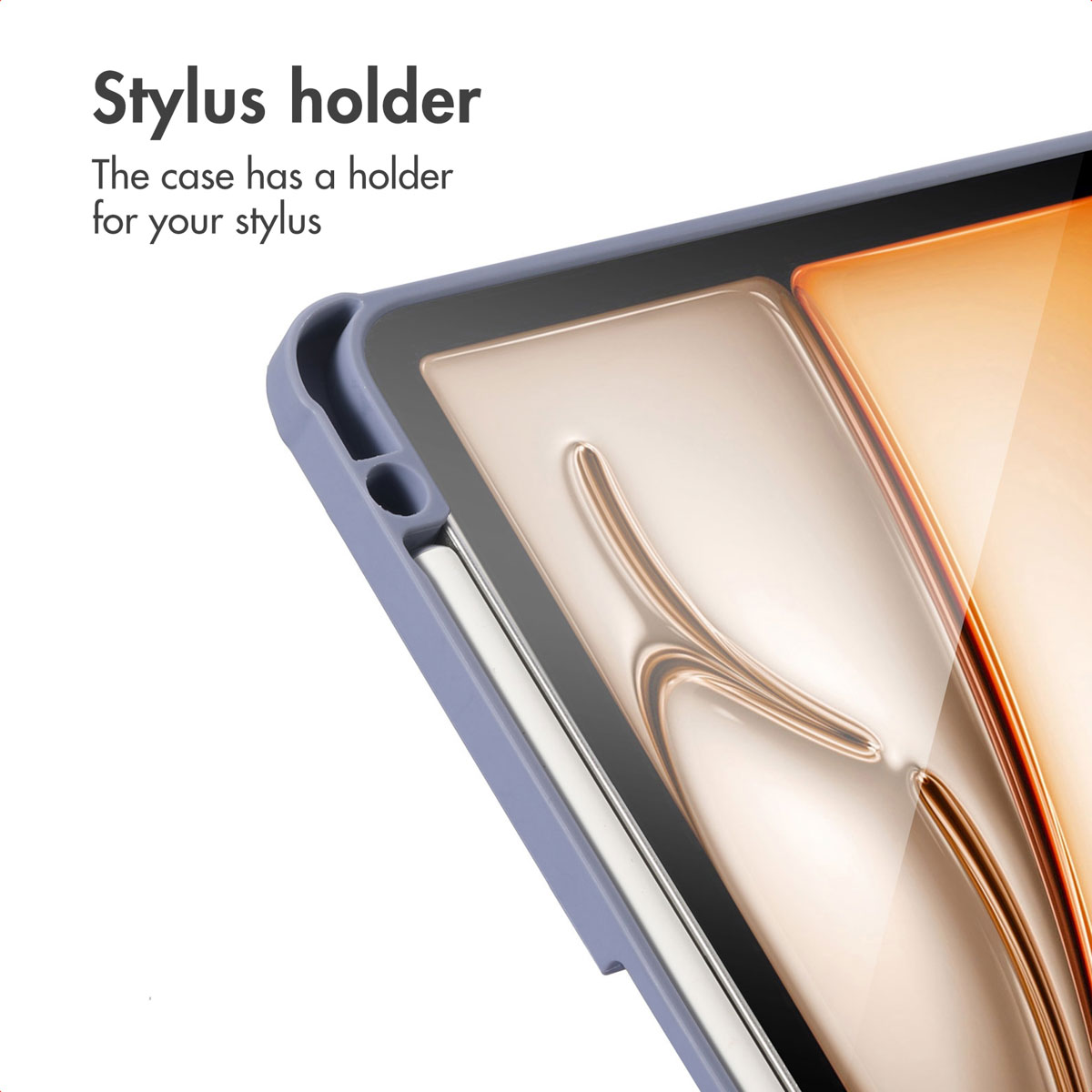 Close-up of a purple tablet case with an integrated stylus holder along the edge.