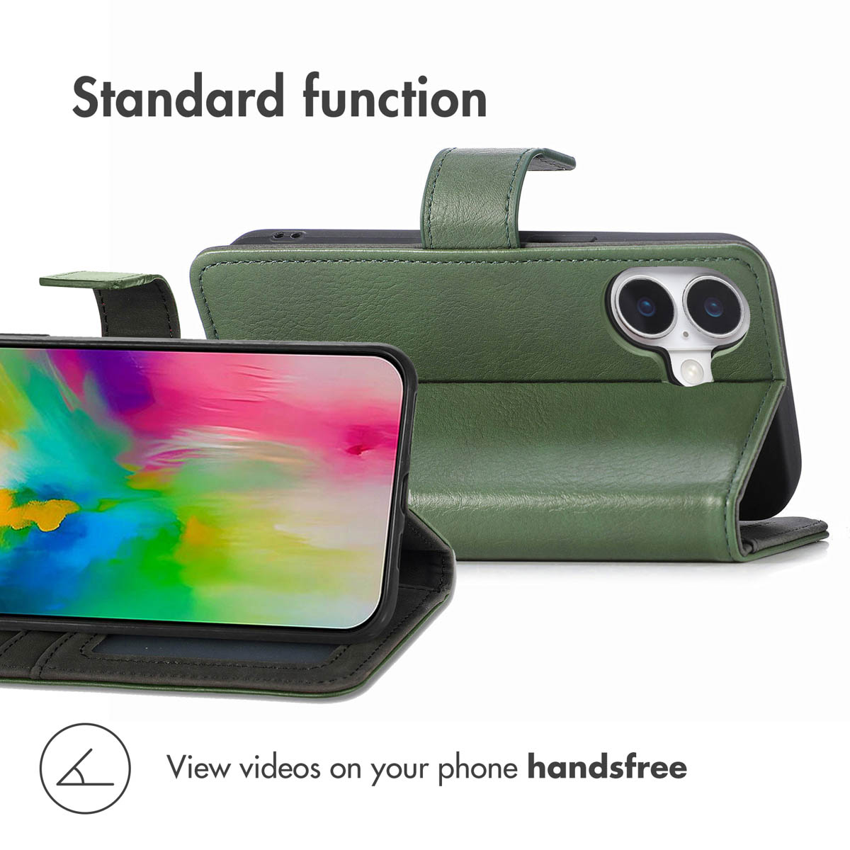 Grüne Leder-Handyhülle stützt ein Smartphone mit buntem Bildschirm, aus zwei Winkeln gezeigt.