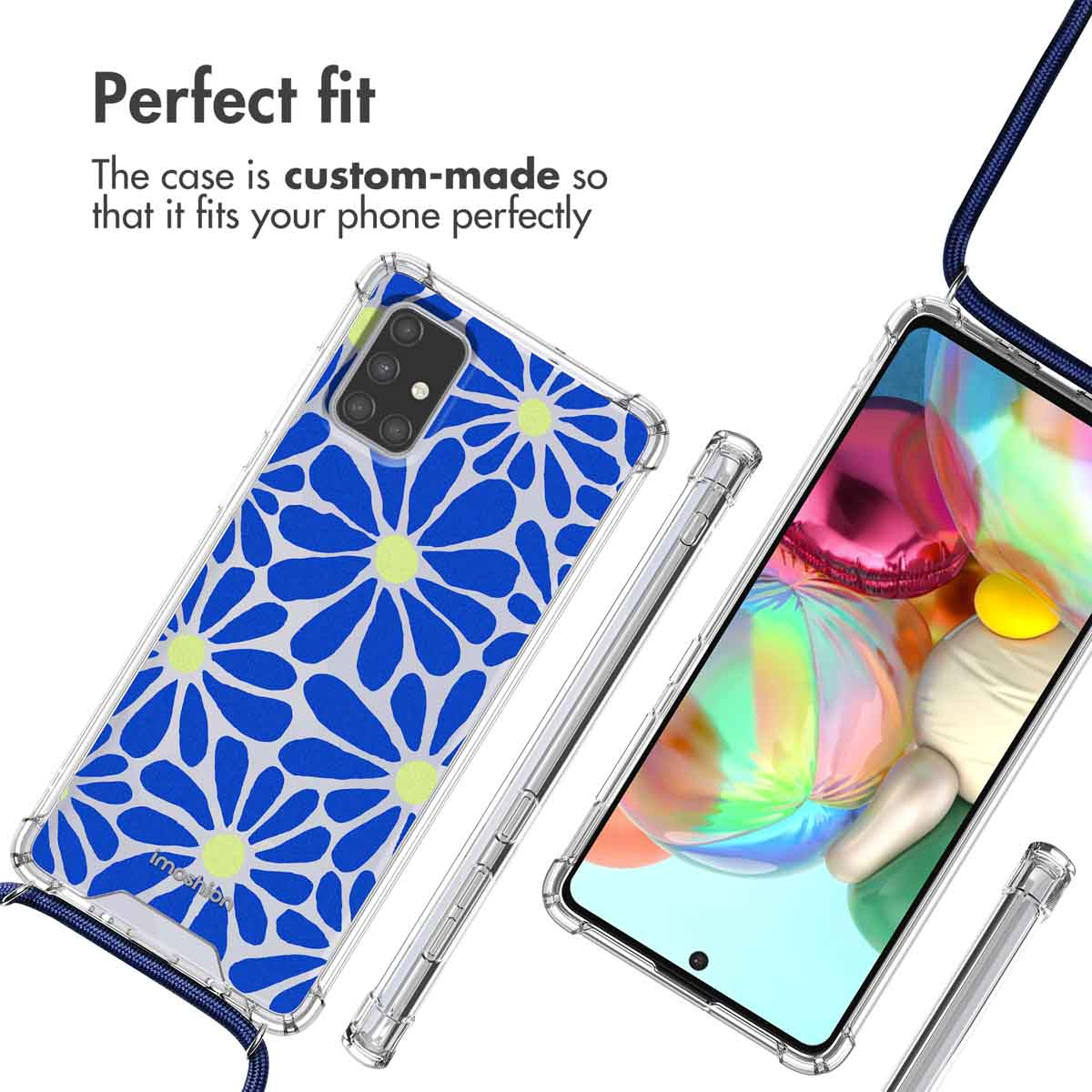 Coque transparente avec motif floral bleu et lanière, portant le texte "Perfect fit".