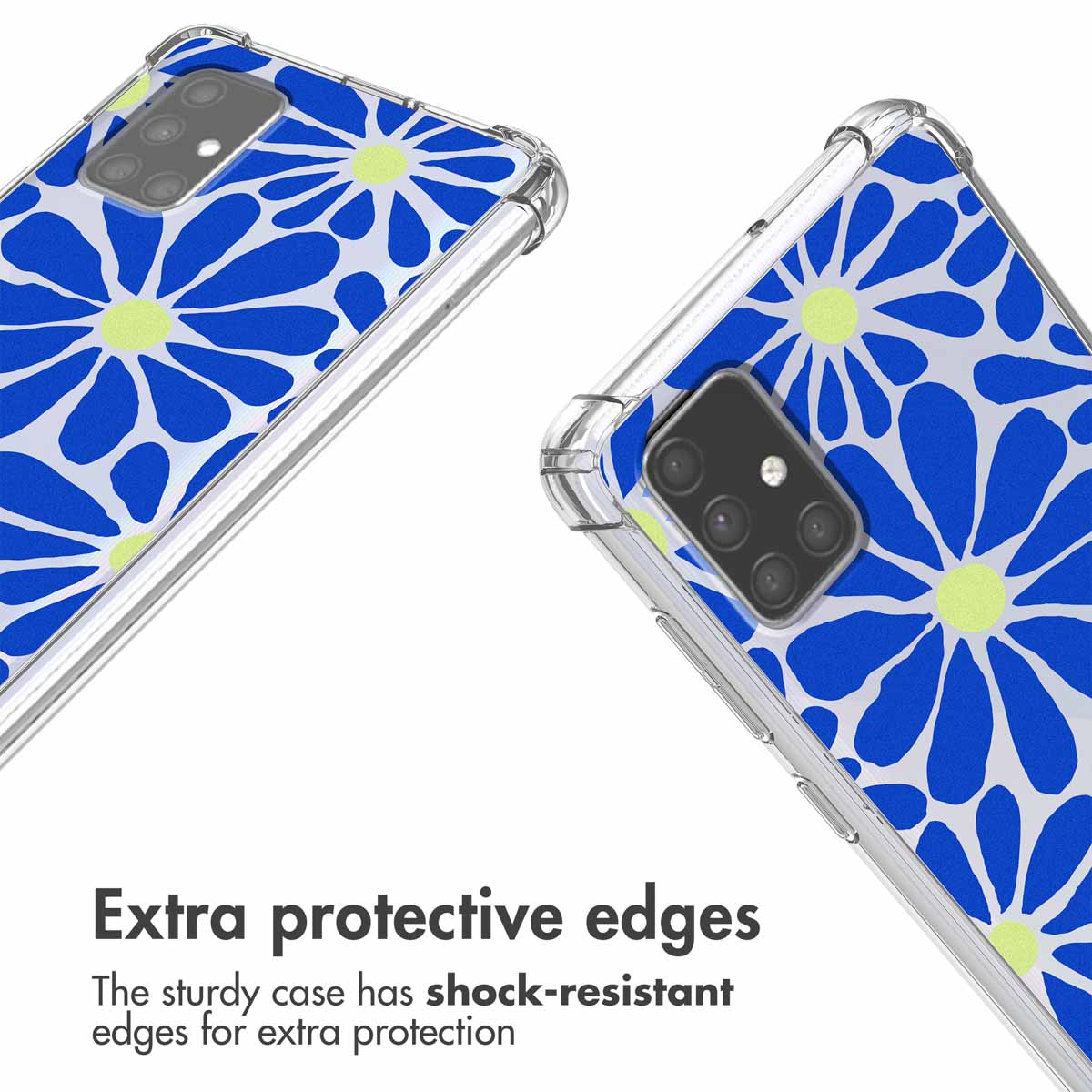 Une coque transparente à motif de fleurs bleues et jaunes, coins anti-chocs et texte en bas.