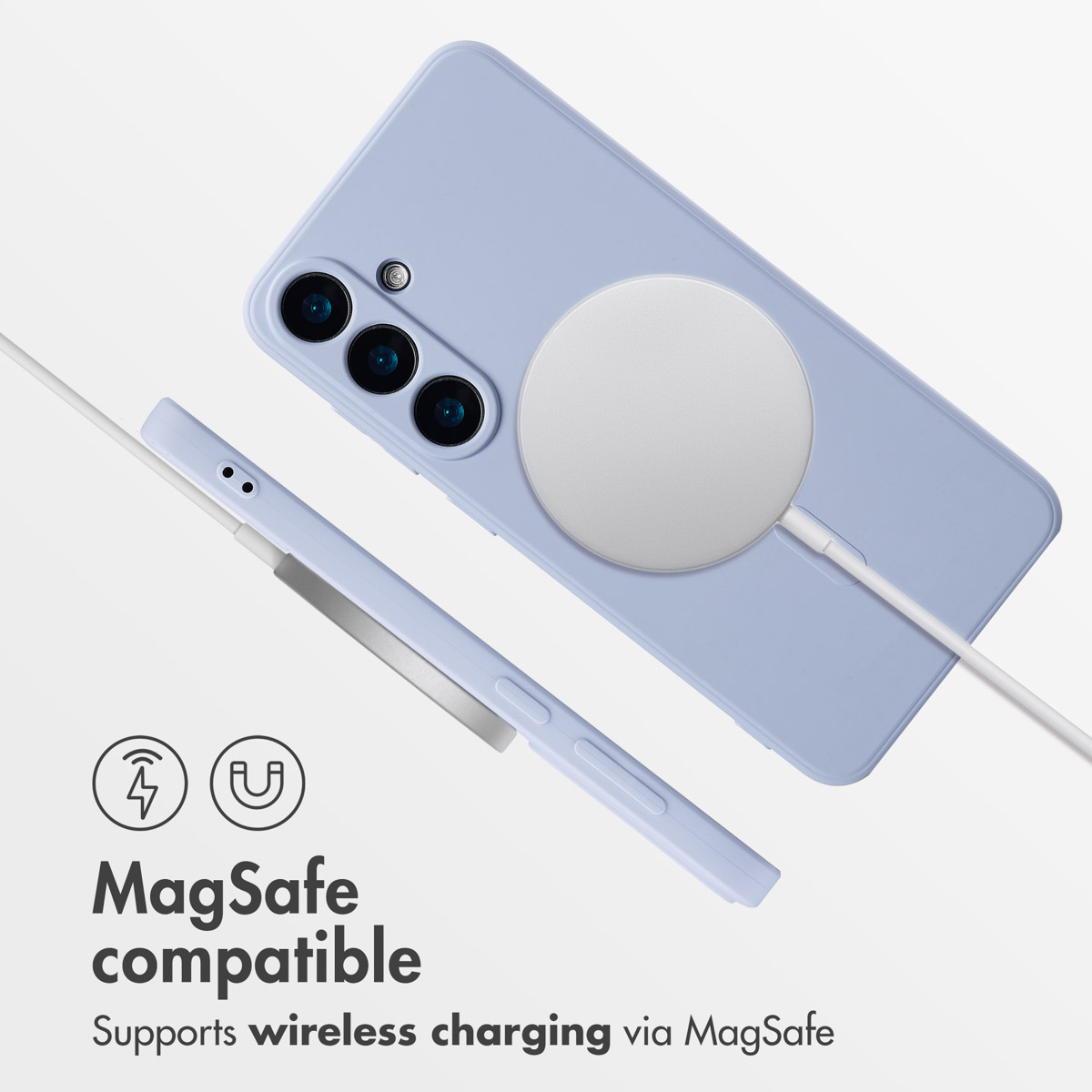 Jasnoniebieskie etui na telefon z ładowarką MagSafe, widok z tyłu i z boku.