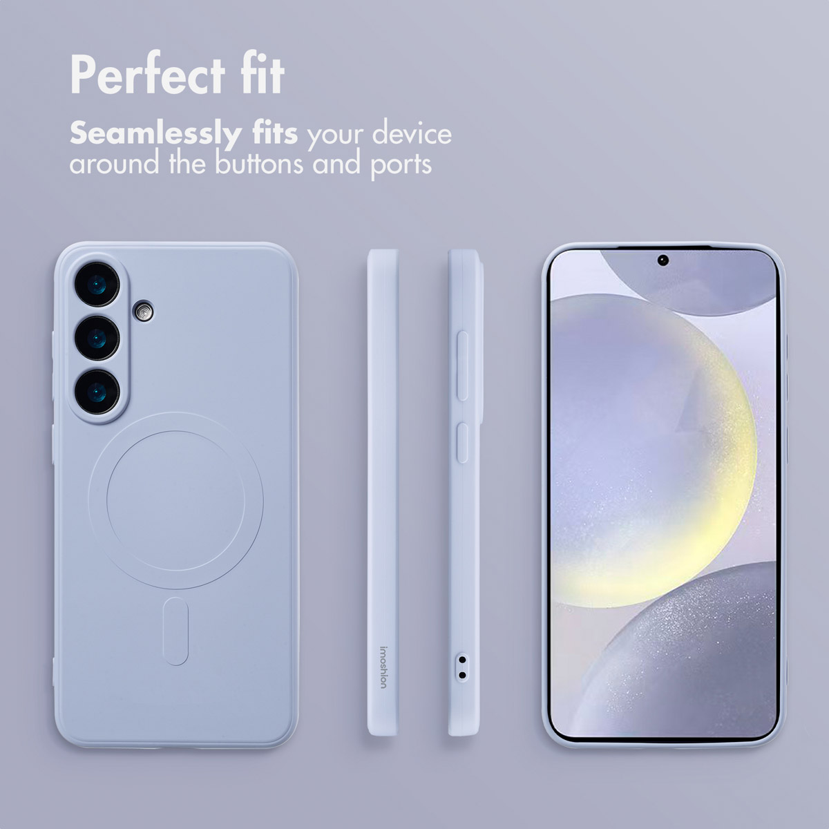 Jasnoniebieski smartfon w etui pokazany z czterech stron na szarym tle z tekstem.