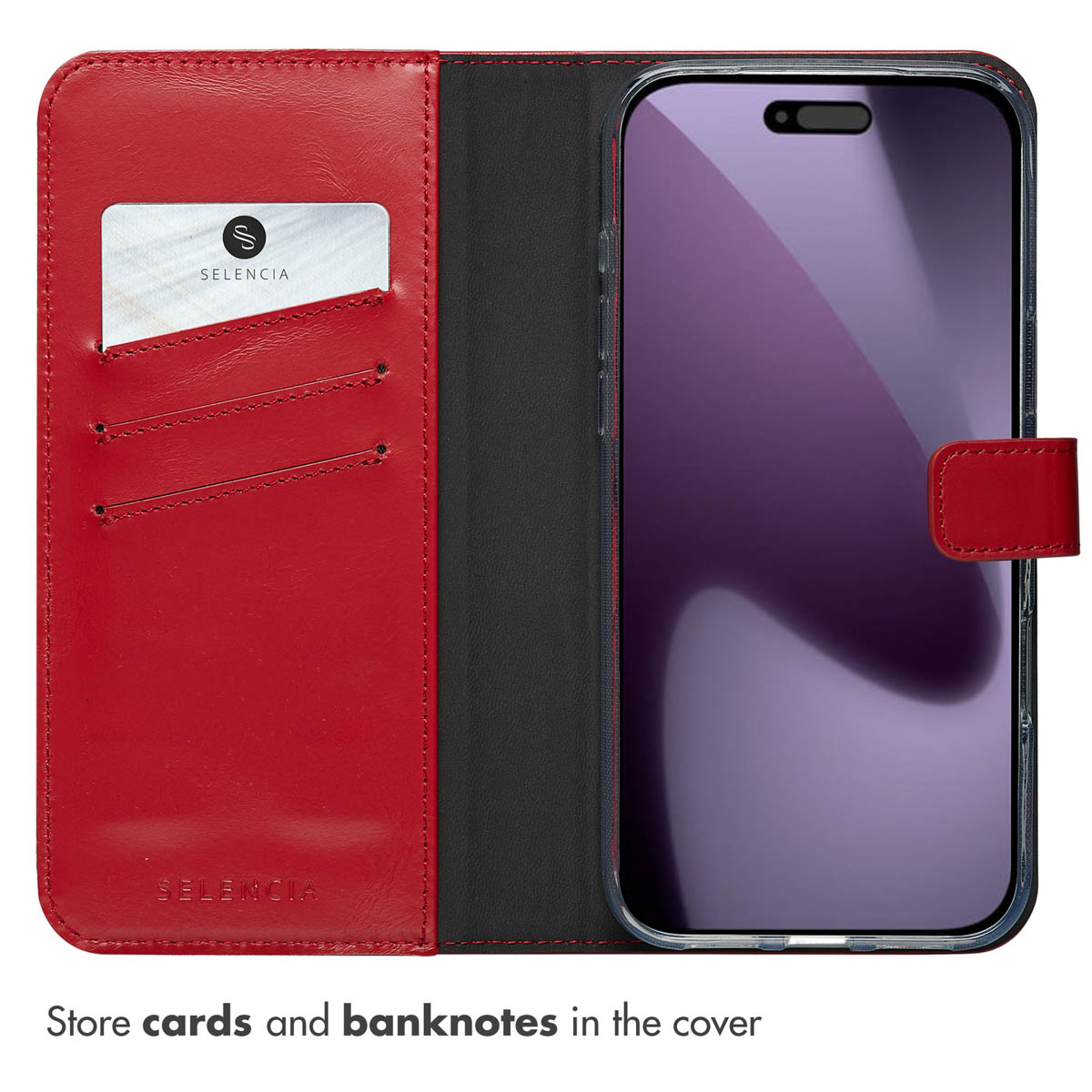 Étui portefeuille en cuir rouge pour smartphone avec fentes pour cartes à l'intérieur.
