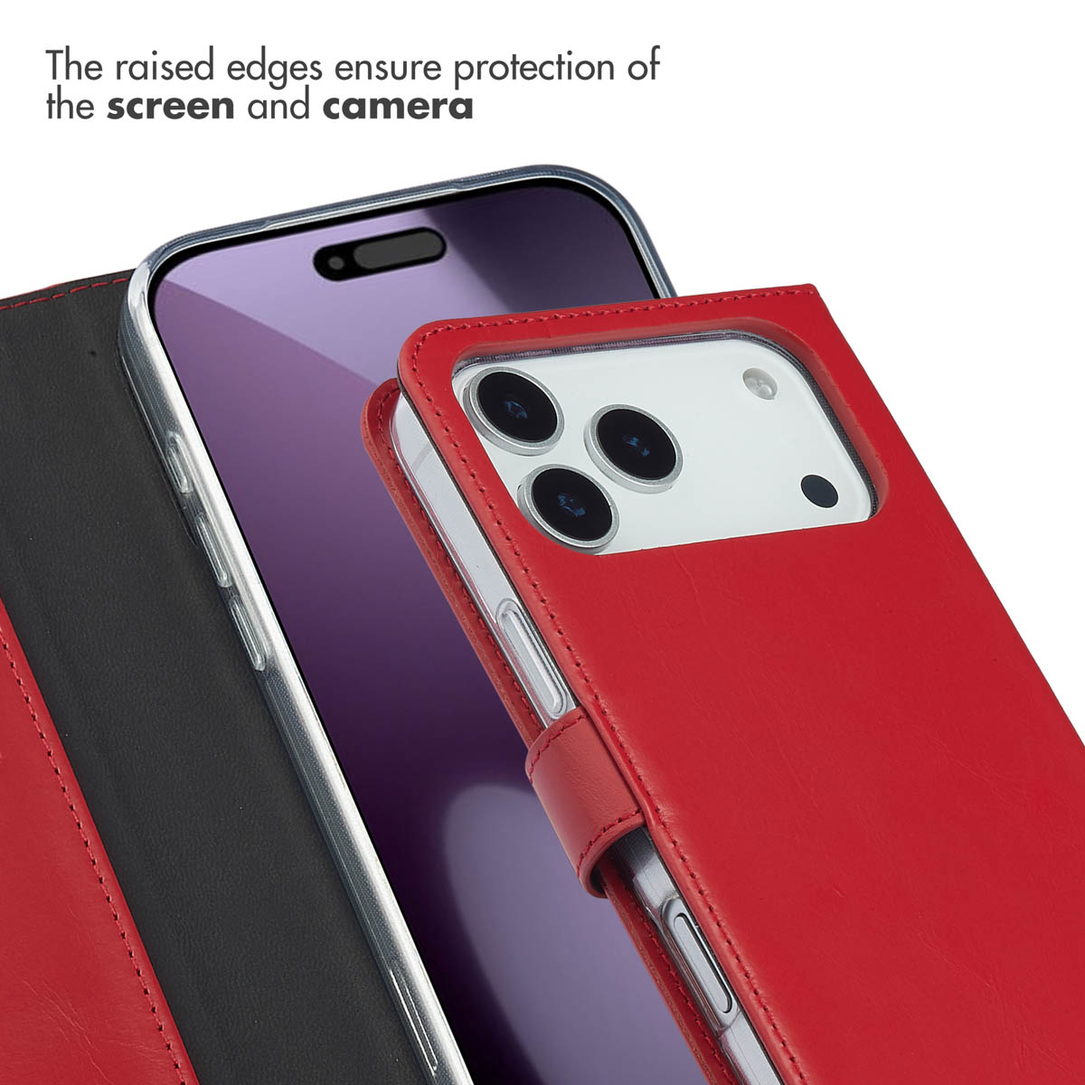 Un smartphone dans un étui en cuir rouge, soulignant la protection de l'écran et de la caméra.