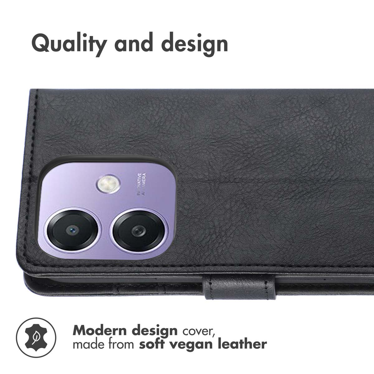 Custodia per telefono in pelle vegana nera con ritaglio della fotocamera viola e testo.