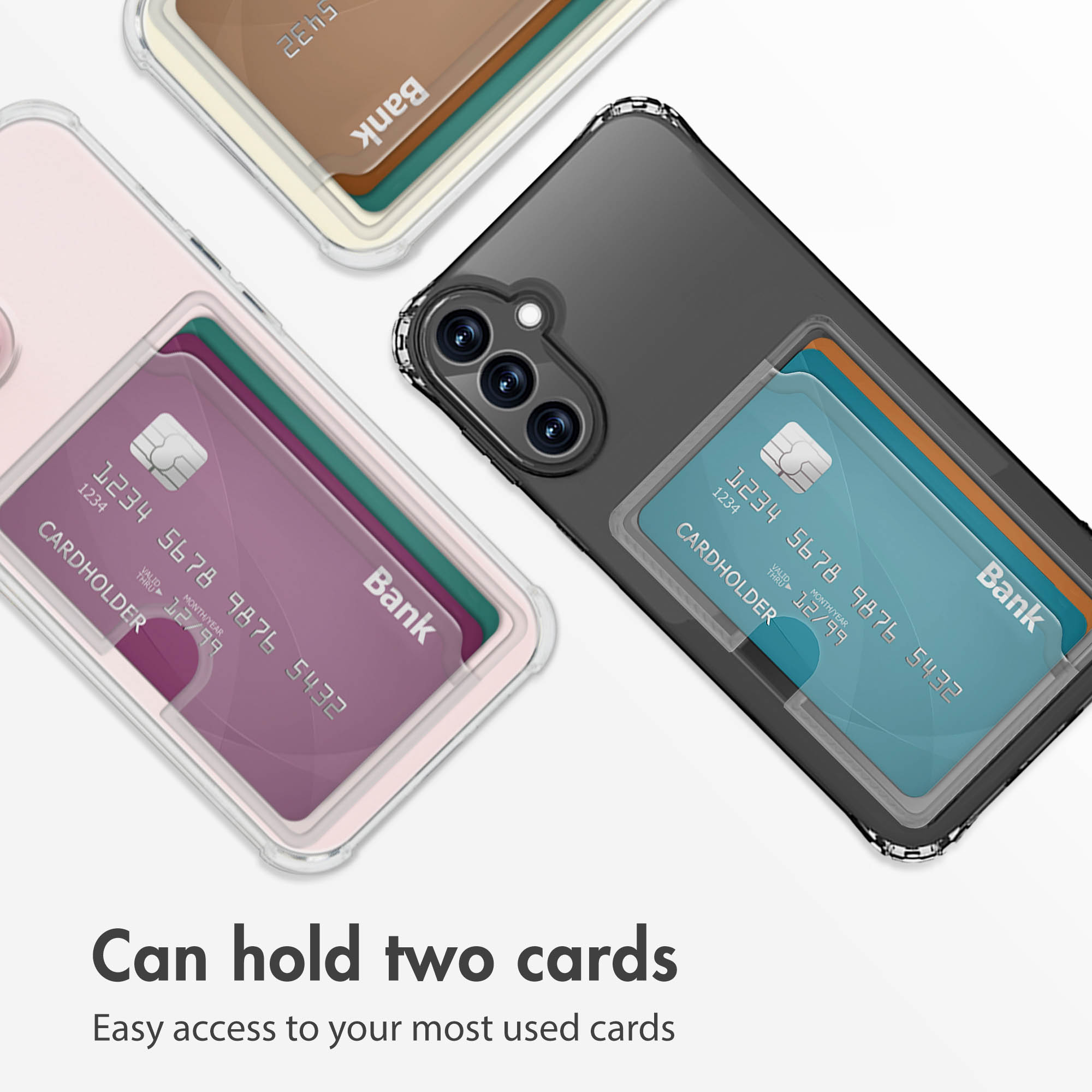 Trois coques de téléphone avec porte-cartes pour deux cartes et texte.