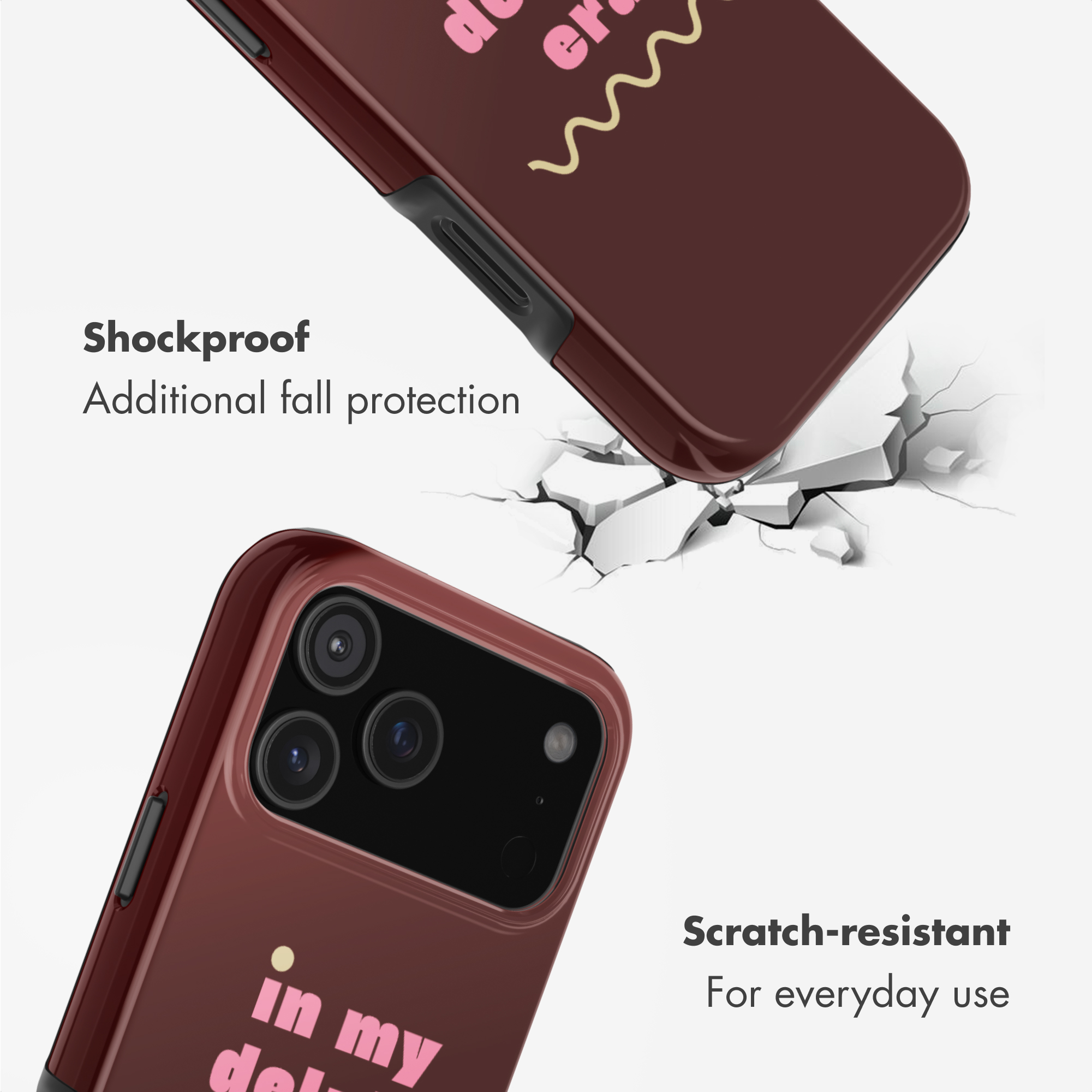 Braune stoßfeste Smartphone-Hülle mit Text und Kratzschutz-Symbolen.