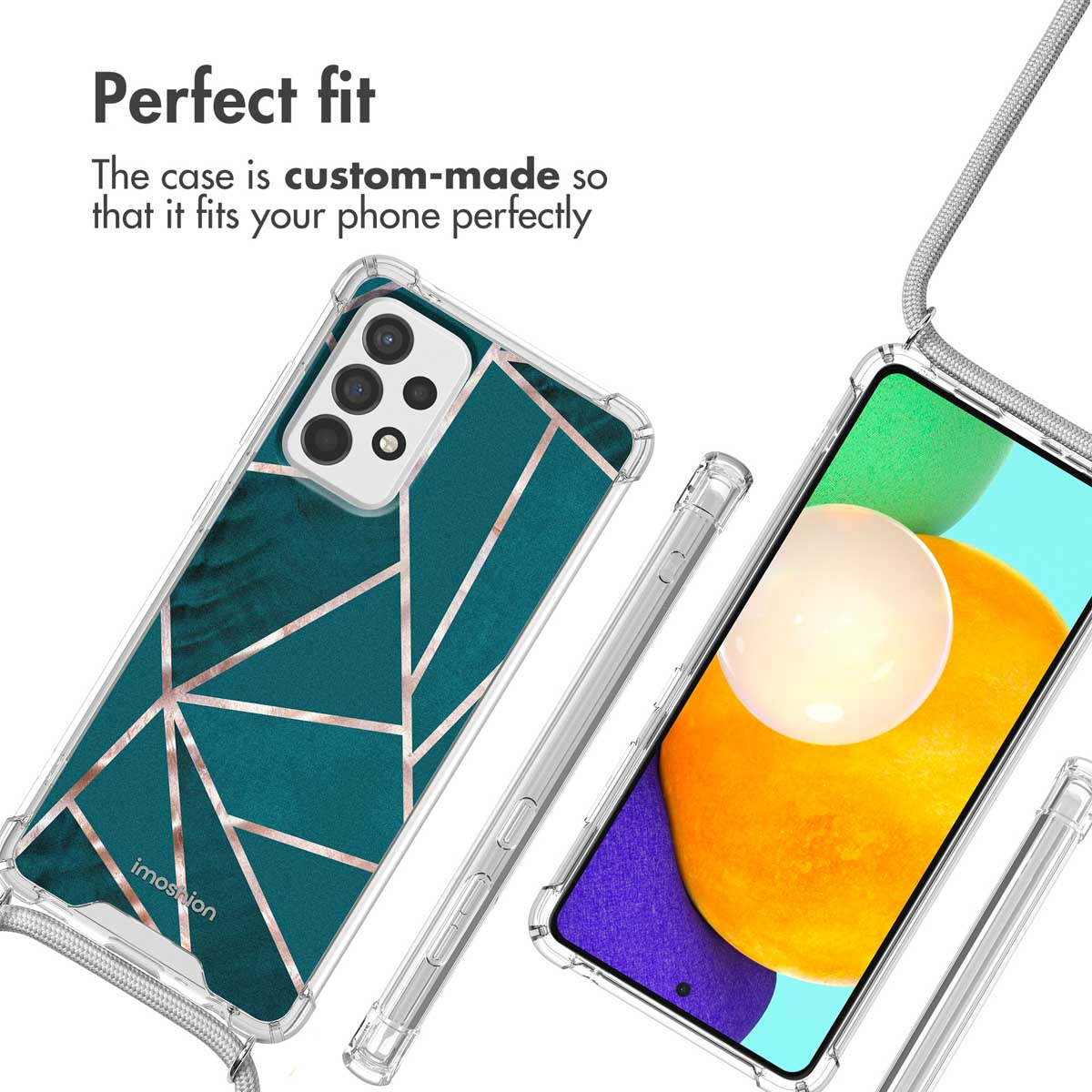 Una funda para teléfono con un patrón geométrico en verde oscuro y oro rosa, con correa.