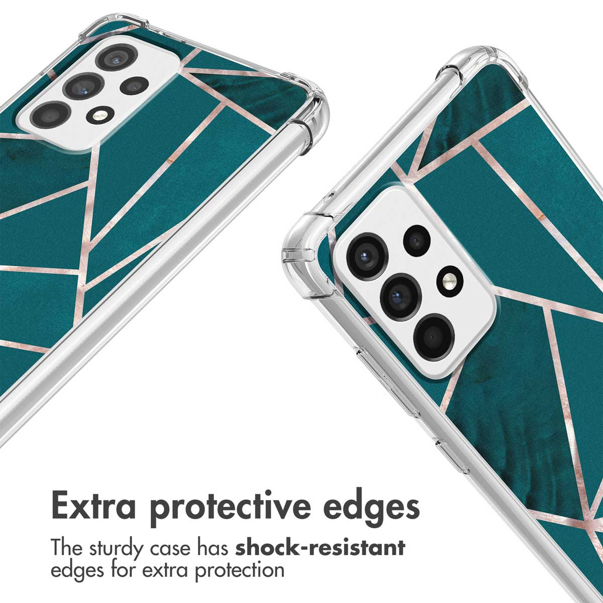 Funda de móvil con diseño geométrico verde, líneas de oro rosa, bordes antichoque y recorte para cámara.
